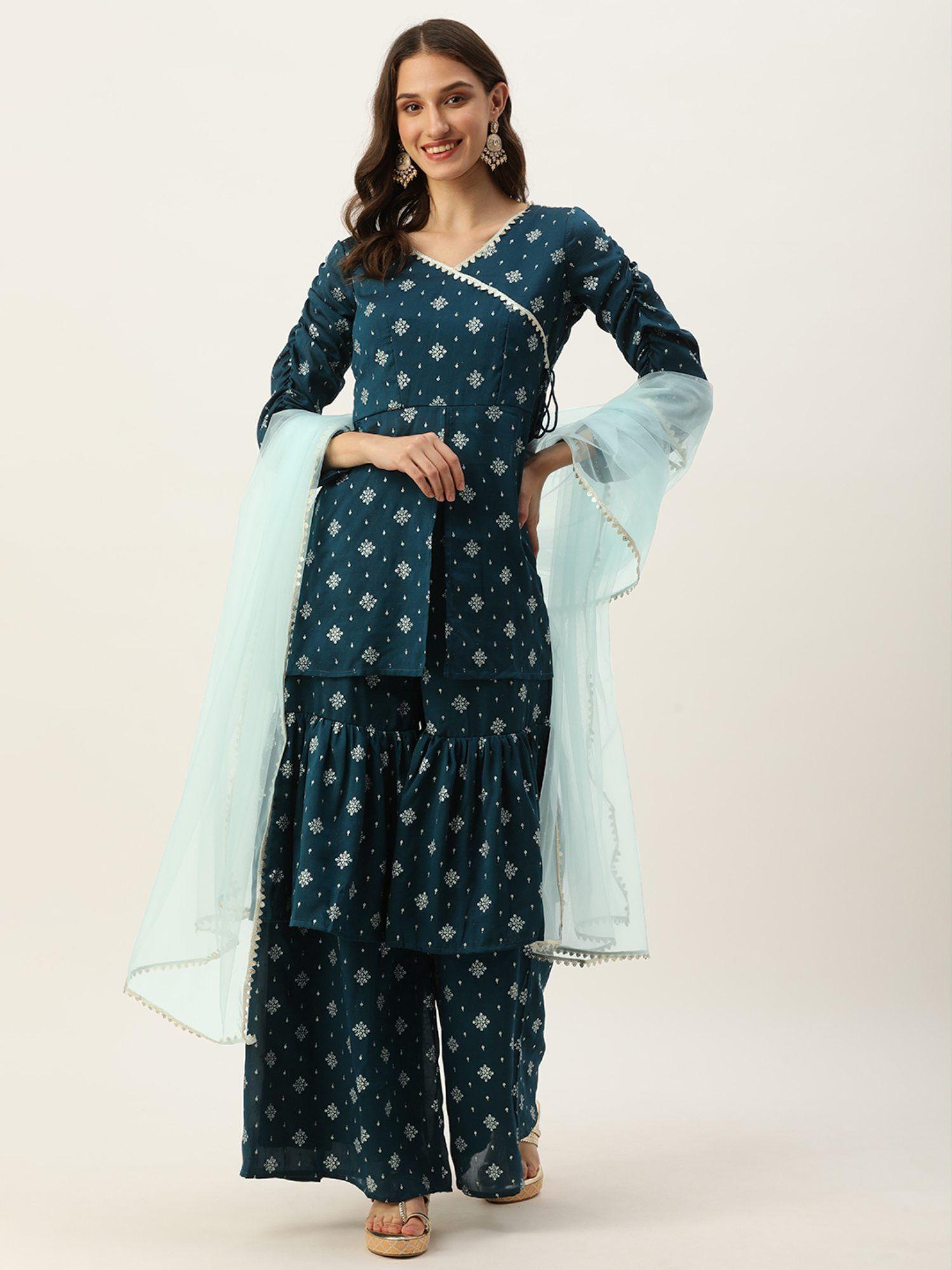 ready to wear blue art silk layered gharara suit (set of 3)