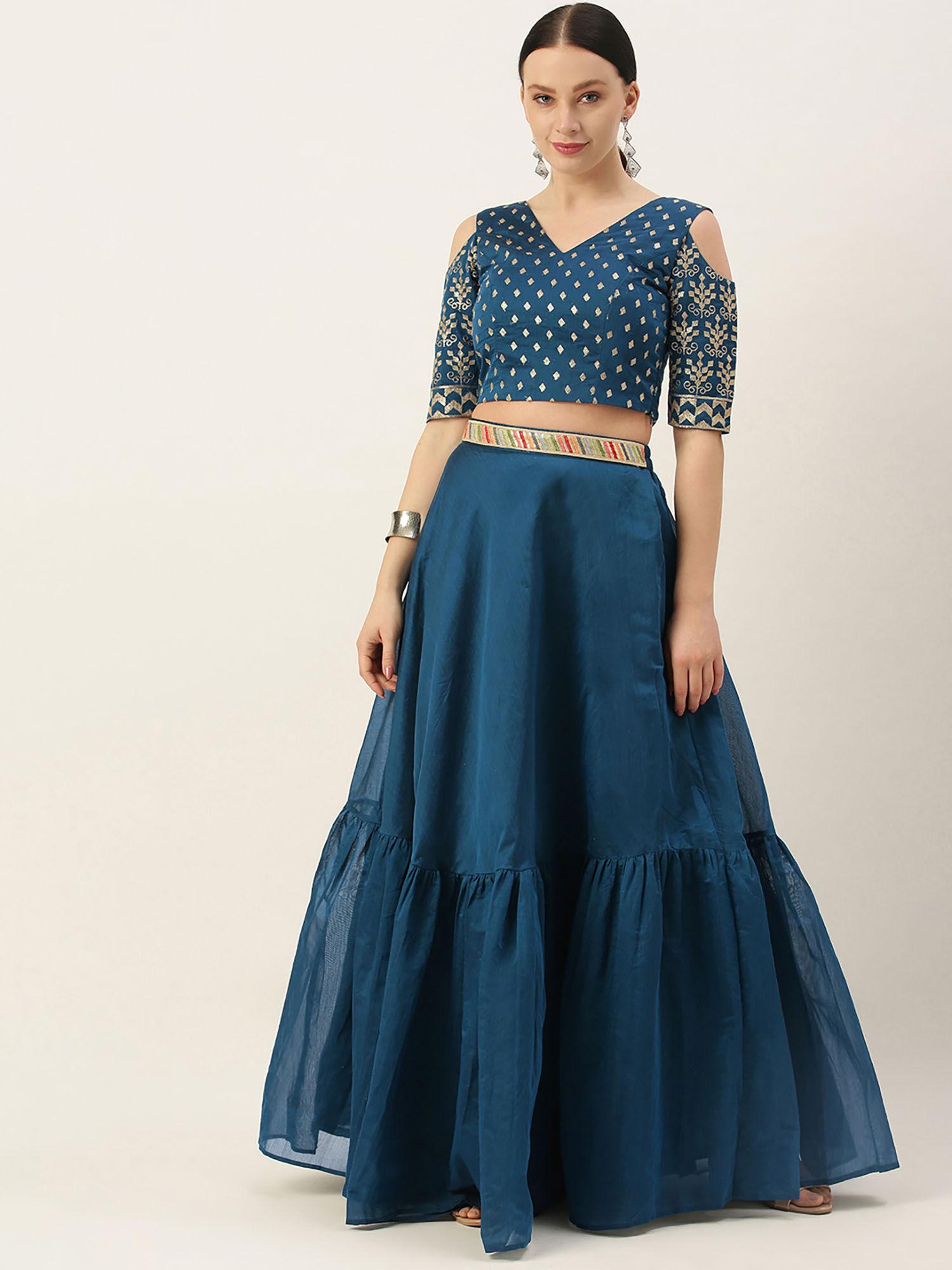 ready to wear blue chanderi embroidered blouse and blue skirt (set of 2)