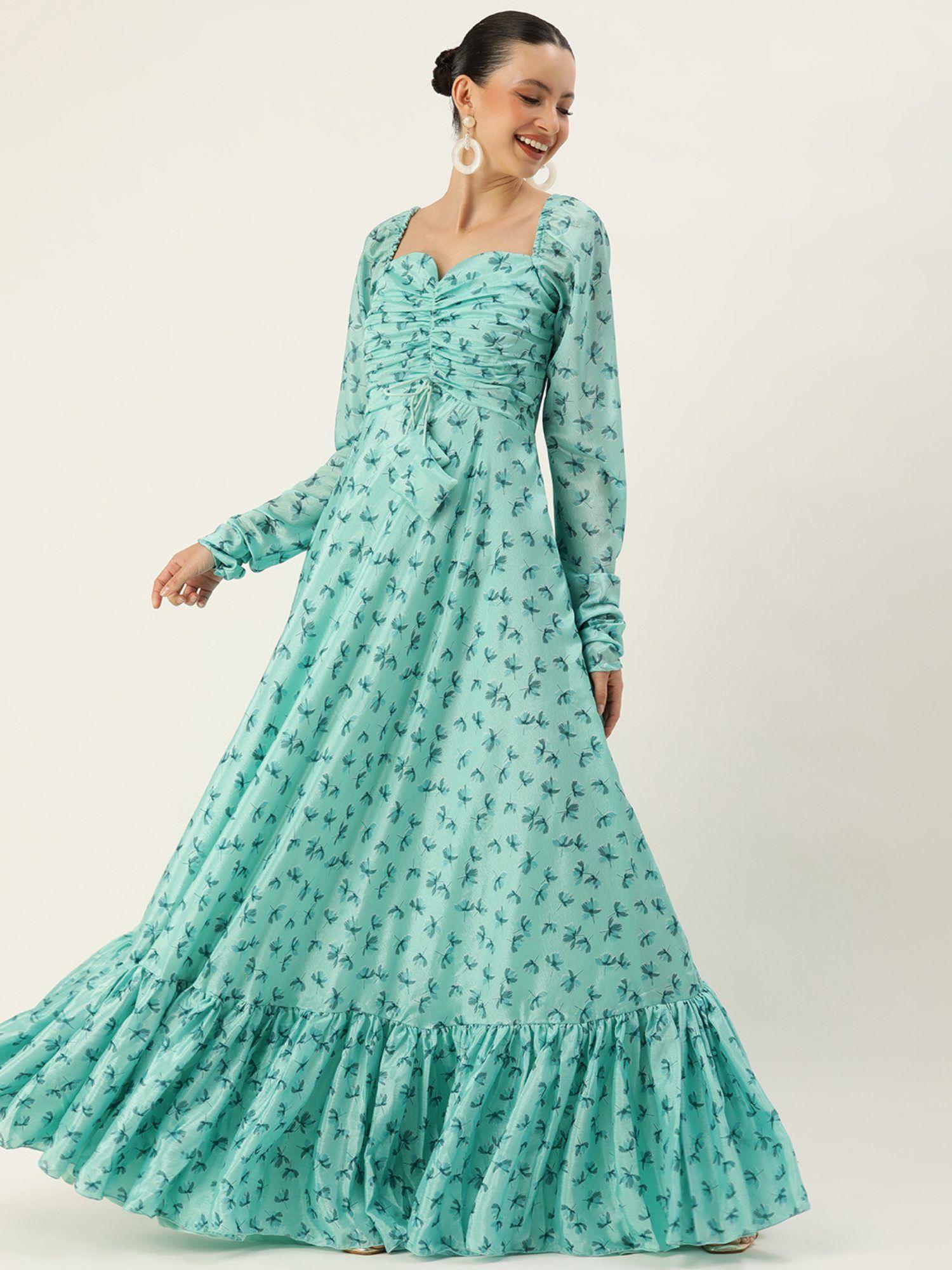 ready to wear blue chinon digital printed floor length gown