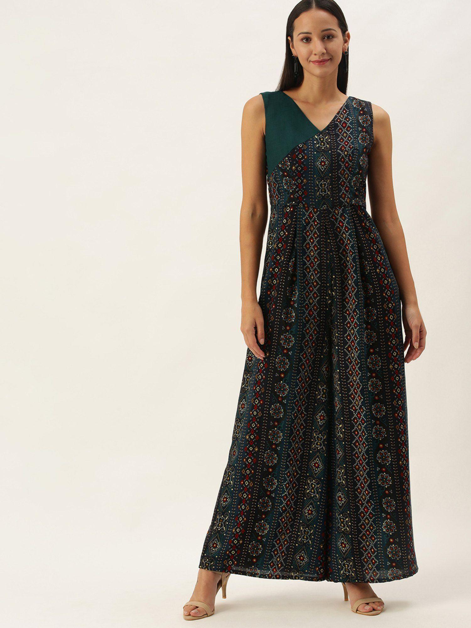 ready to wear blue printed viscose angrakha style jumpsuit