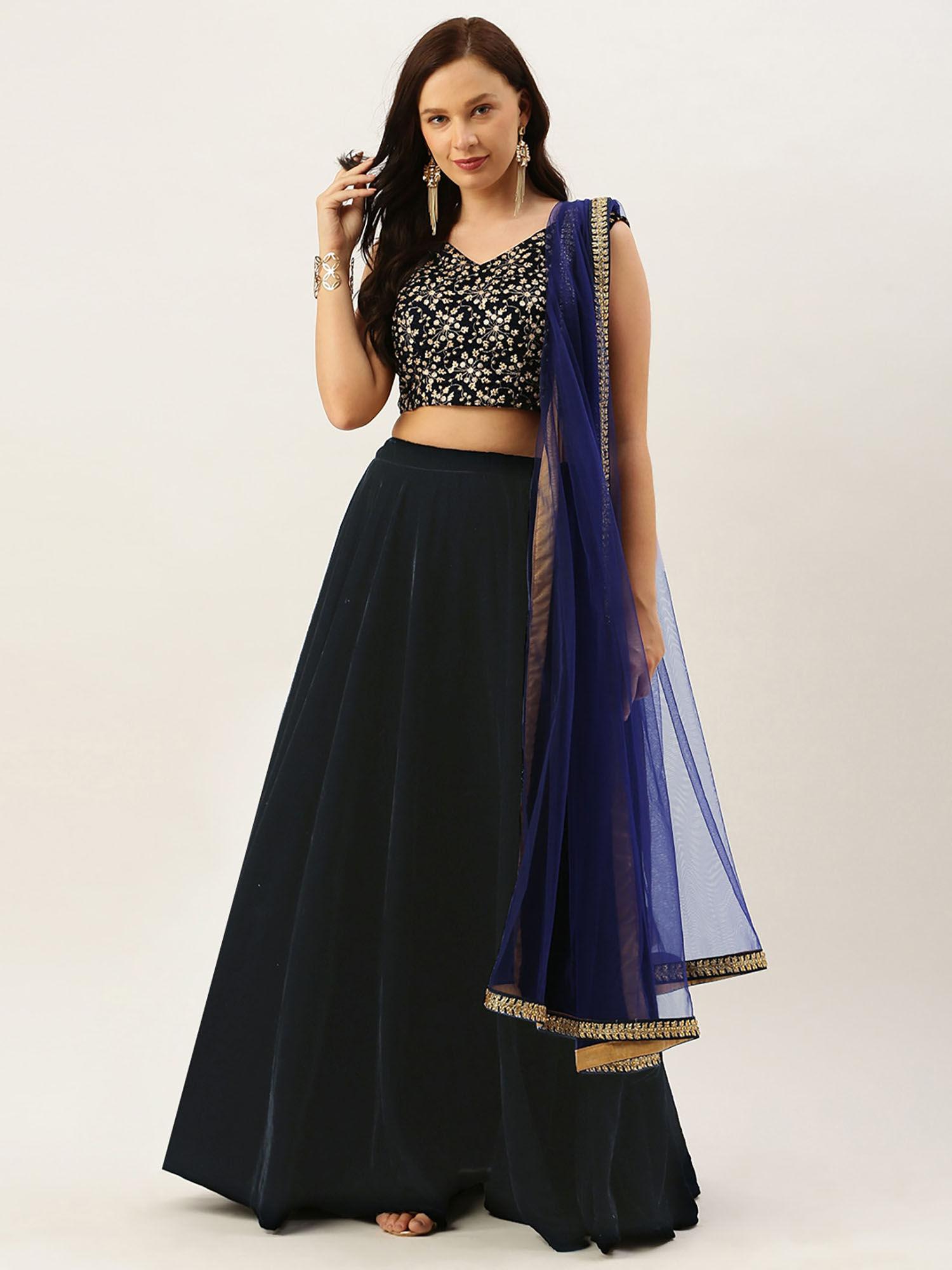 ready to wear blue velvet embroidered full flared lehenga (set of 3)