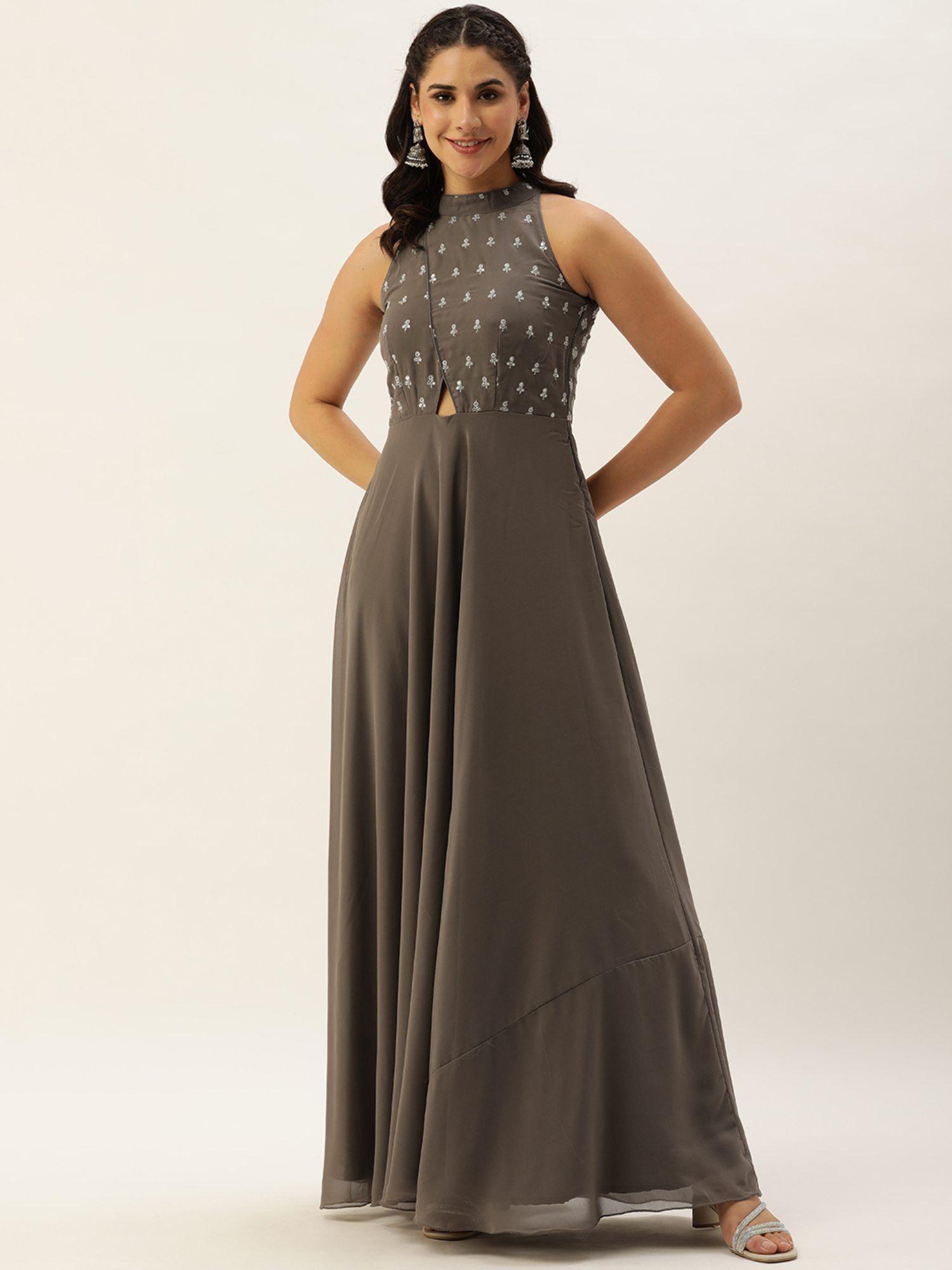 ready to wear brown embroidered halter neck gown