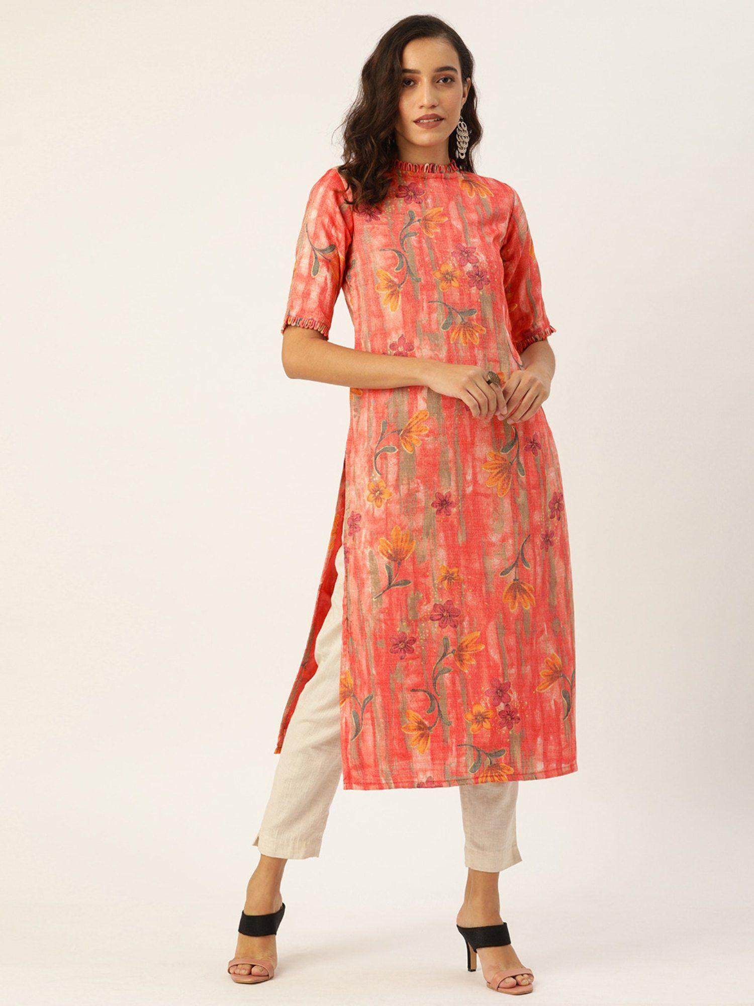 ready to wear coral rayon printed closed kurta