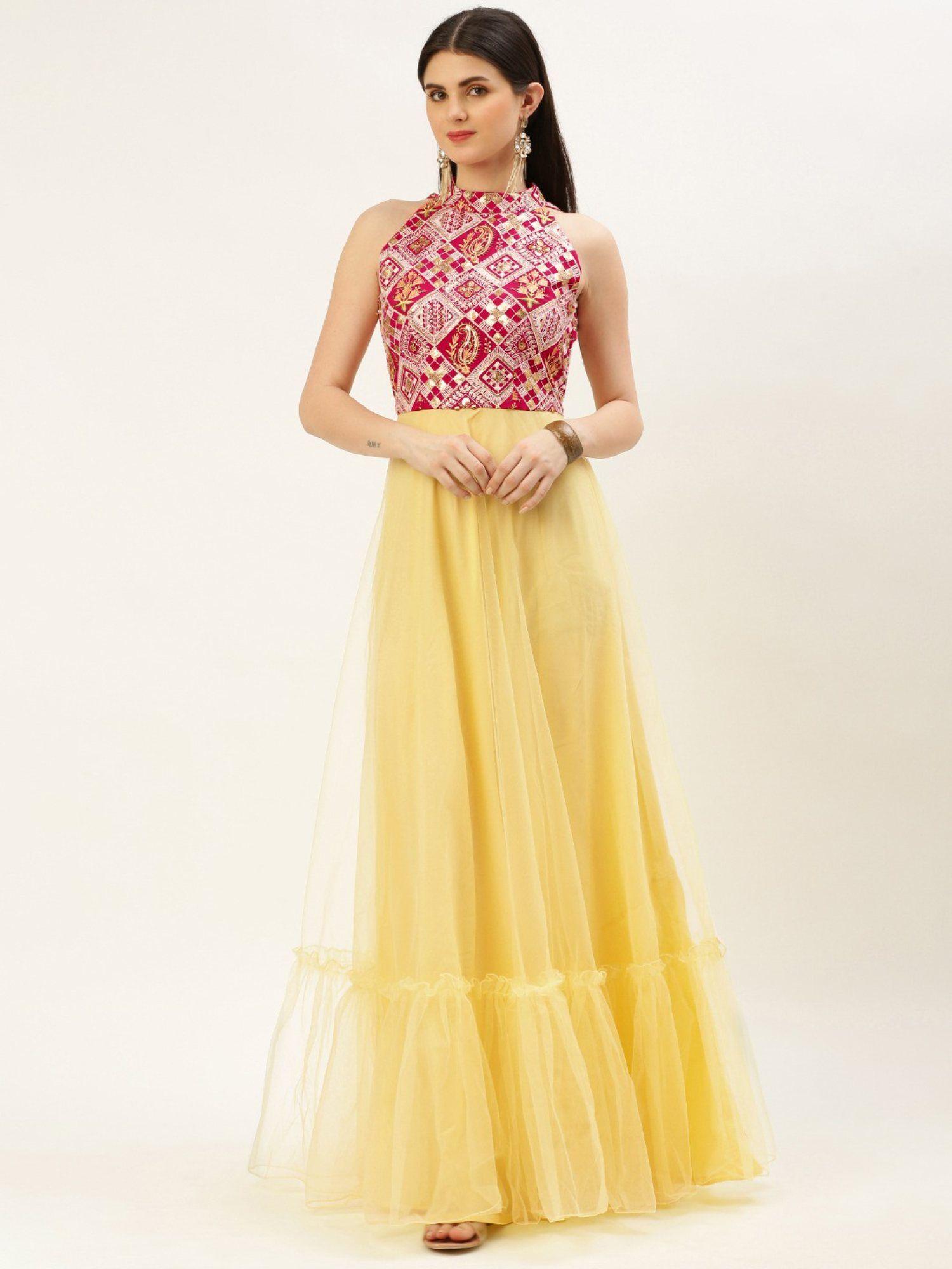 ready to wear dark pink embroidered georgette and yellow net dress