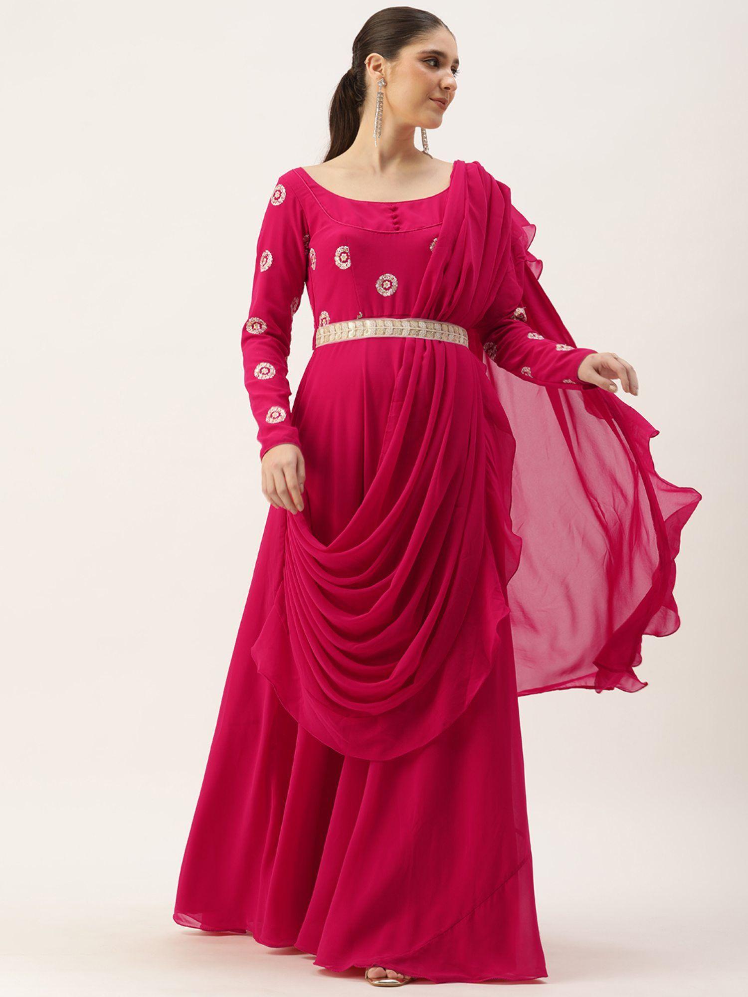 ready to wear dark pink georgette embroidered gown