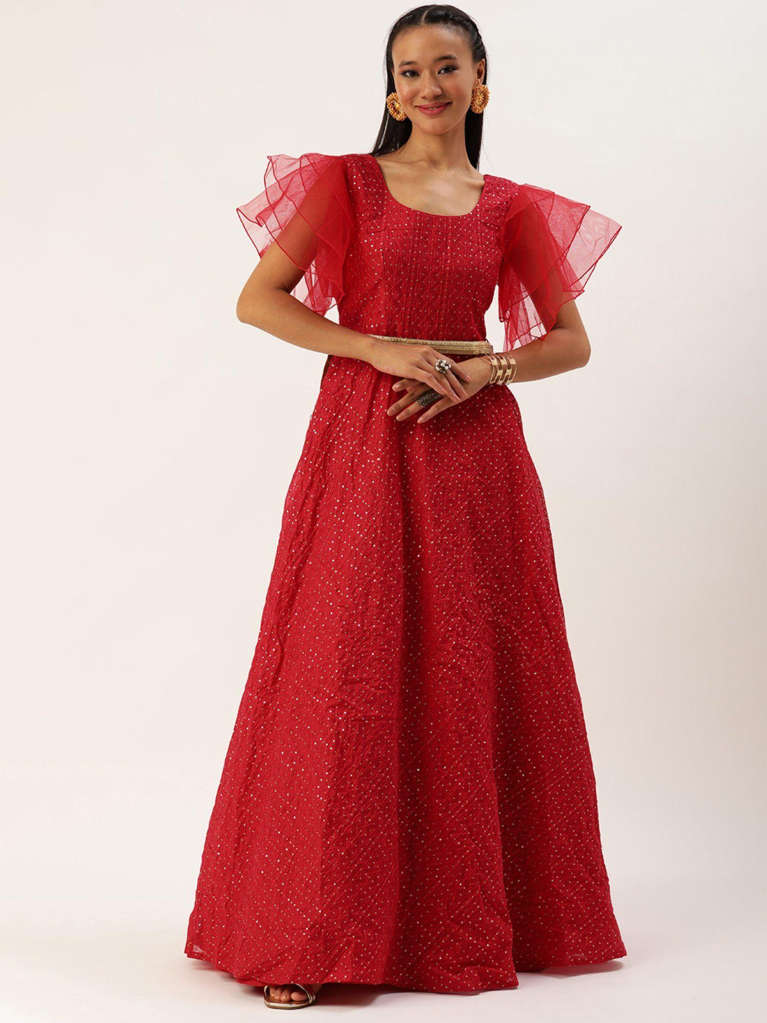 ready to wear dark red sequins embroidered gown