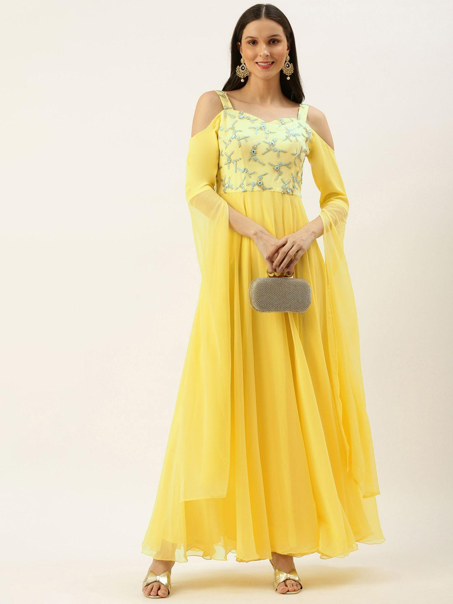 ready to wear dusty blue net and yellow cape style sleeve gown