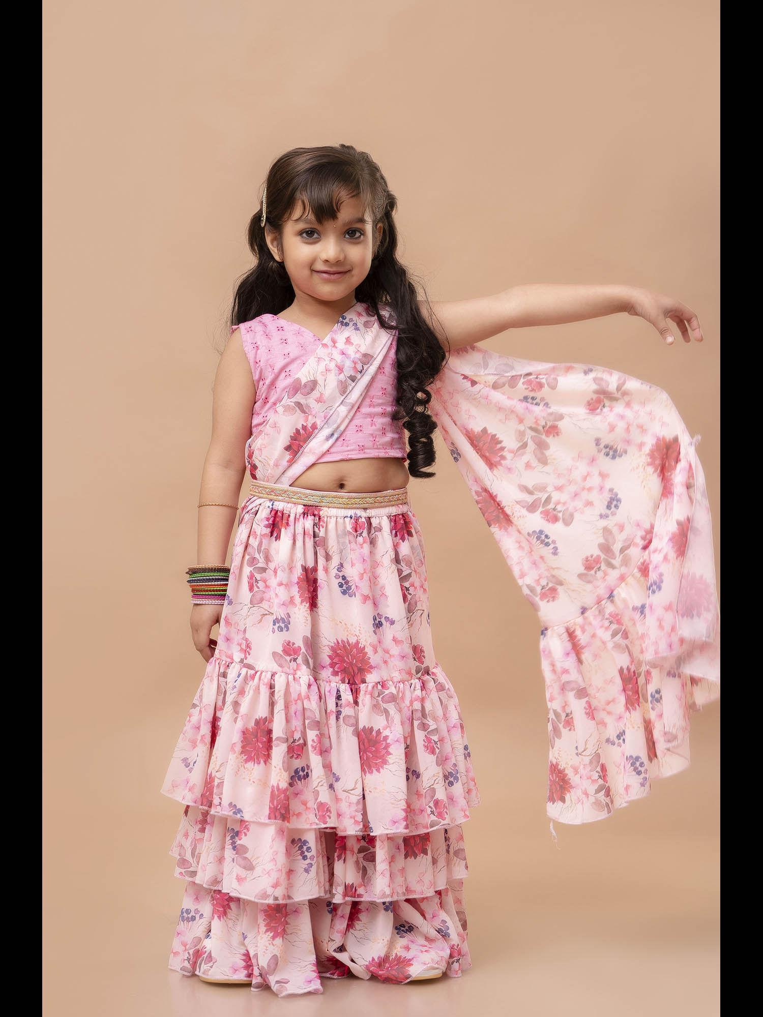 ready to wear floral saree with schiffli stitched blouse & belt (set of 3)