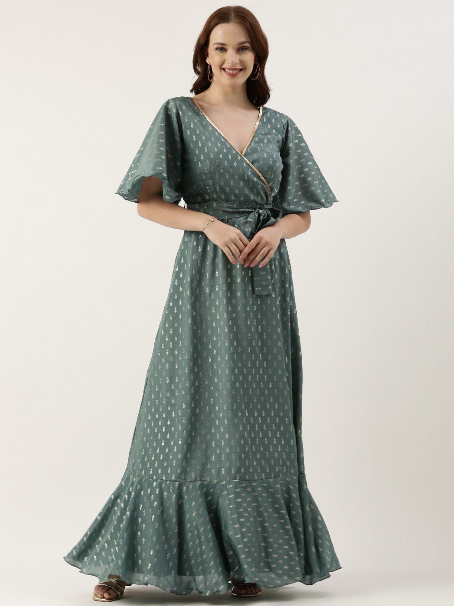 ready to wear green chinon foil printed dress