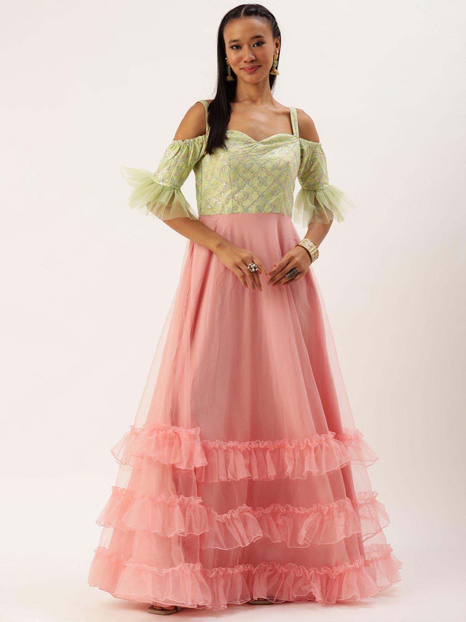 ready to wear green cotton n peach net gown