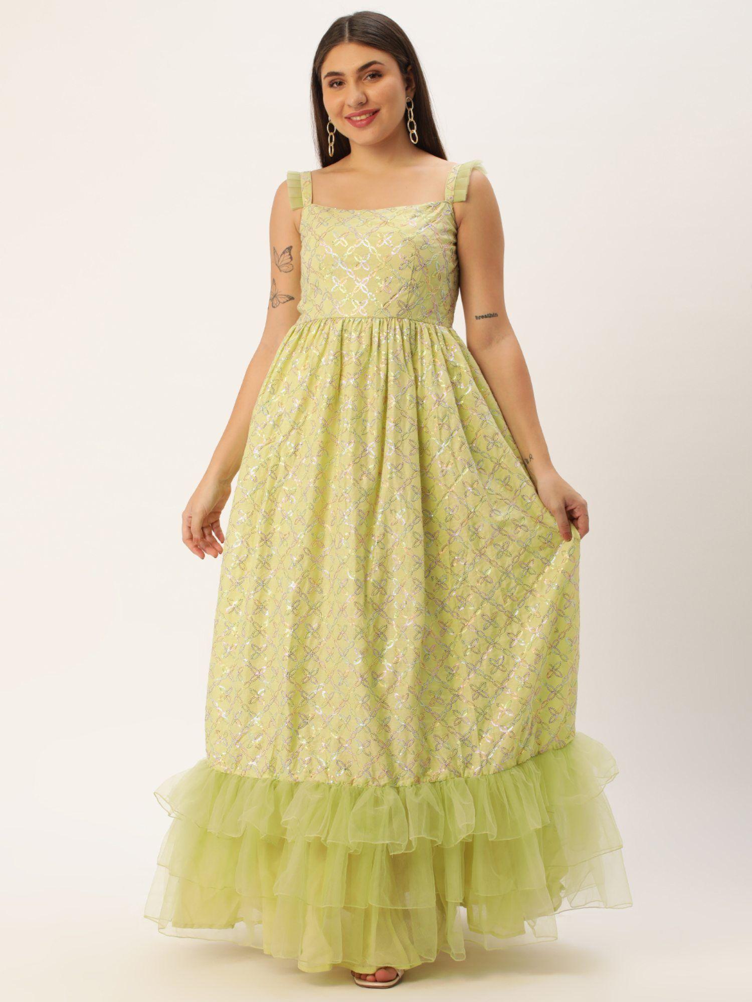 ready to wear green cotton sequins embroidered gown