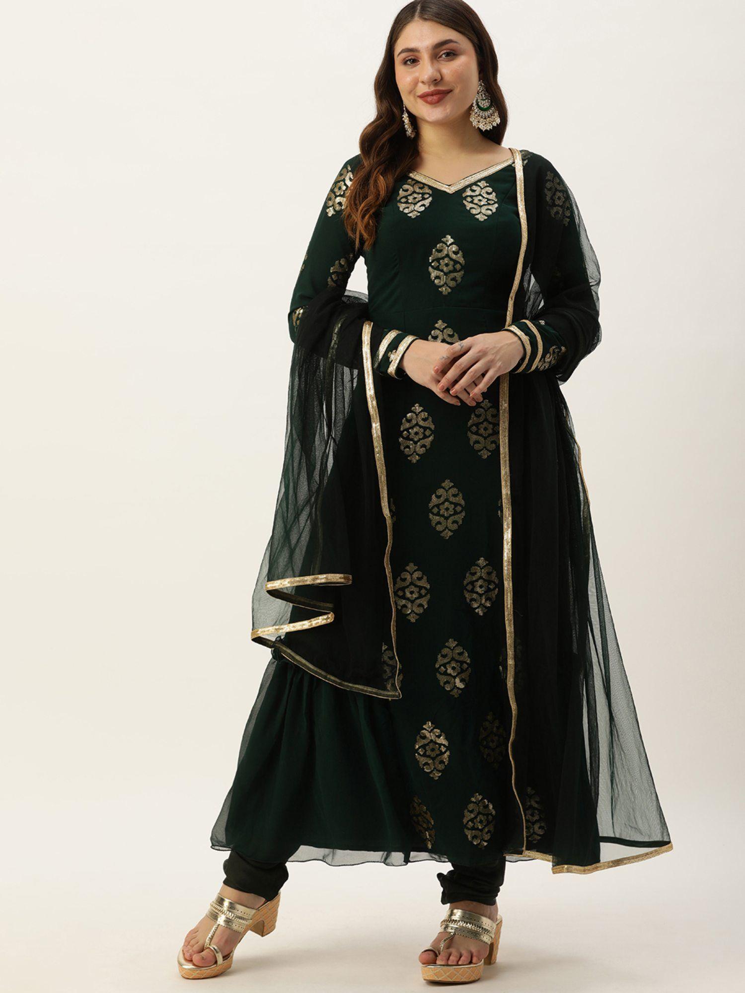 ready to wear green embroidered anarkali suit (set of 3)