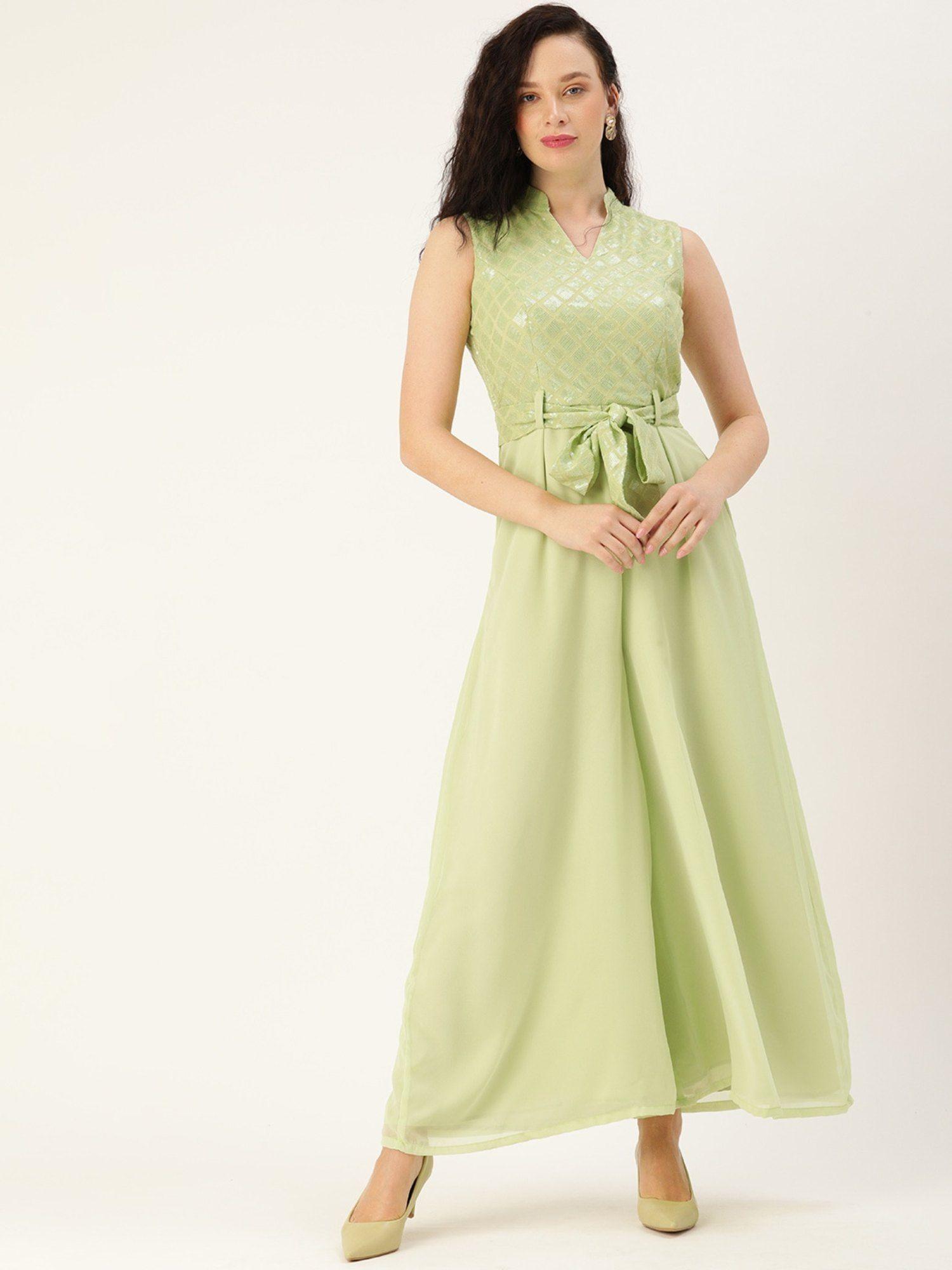 ready to wear green embroidered mandarin neck jumpsuit (set of 2)