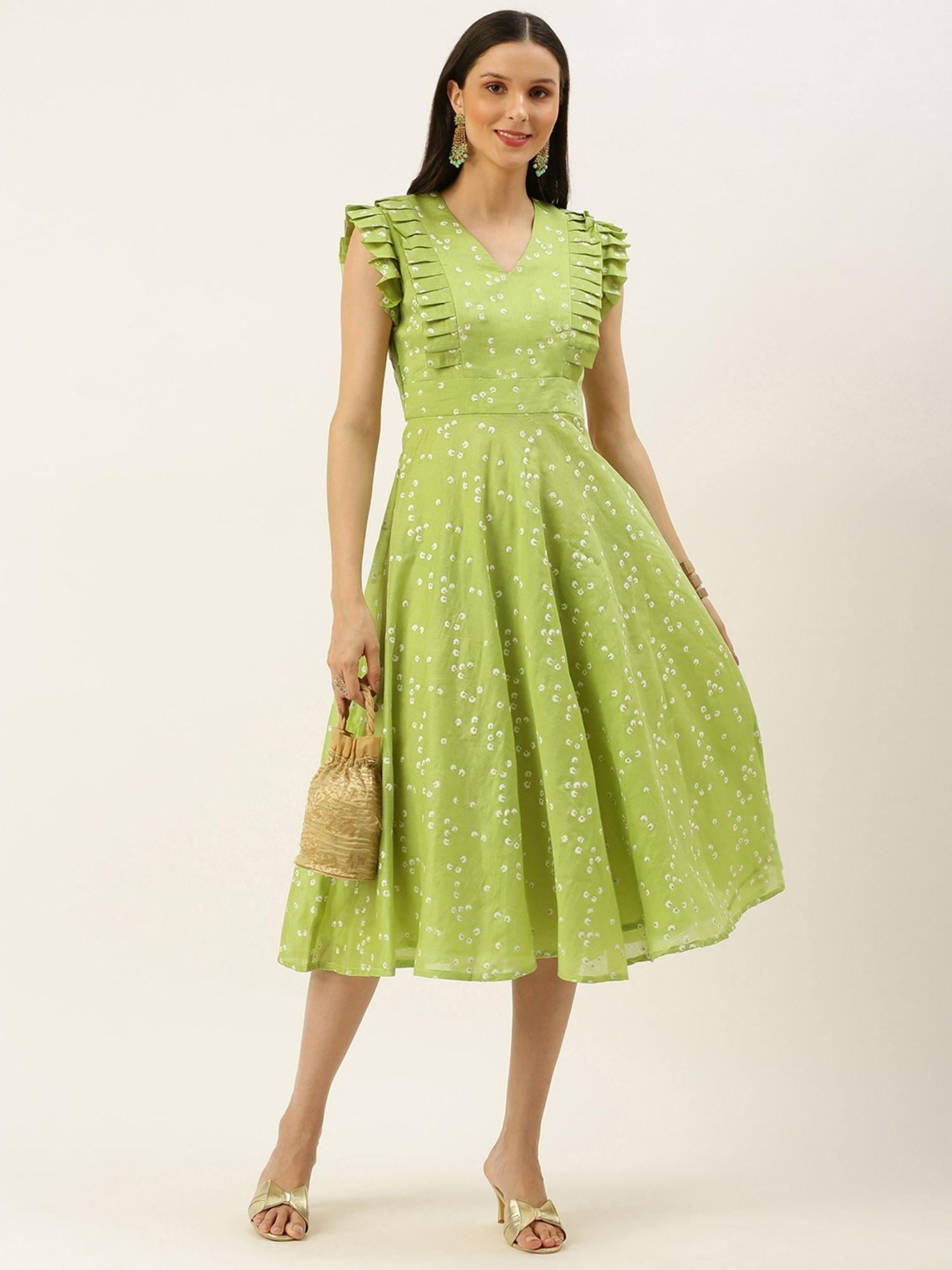 ready to wear green foil printed knife pleated style dress