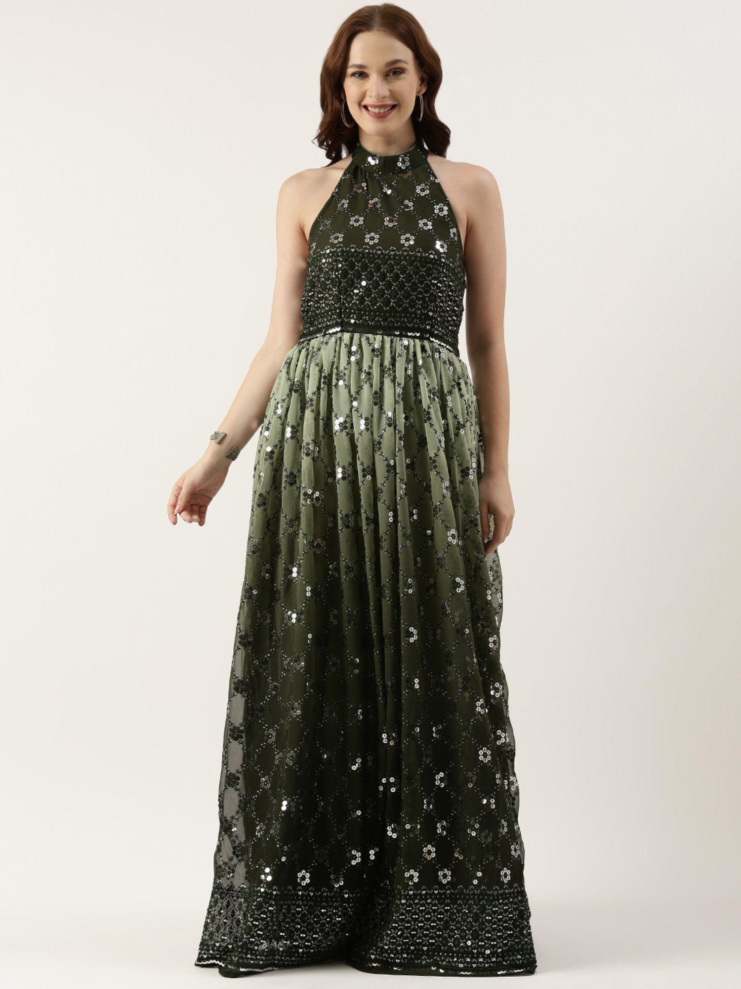 ready to wear green georgette embroidered halter neck gown