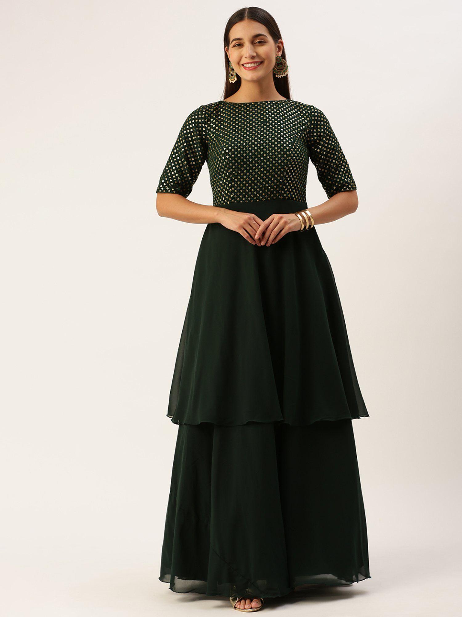 ready to wear green georgette embroidered layered gown