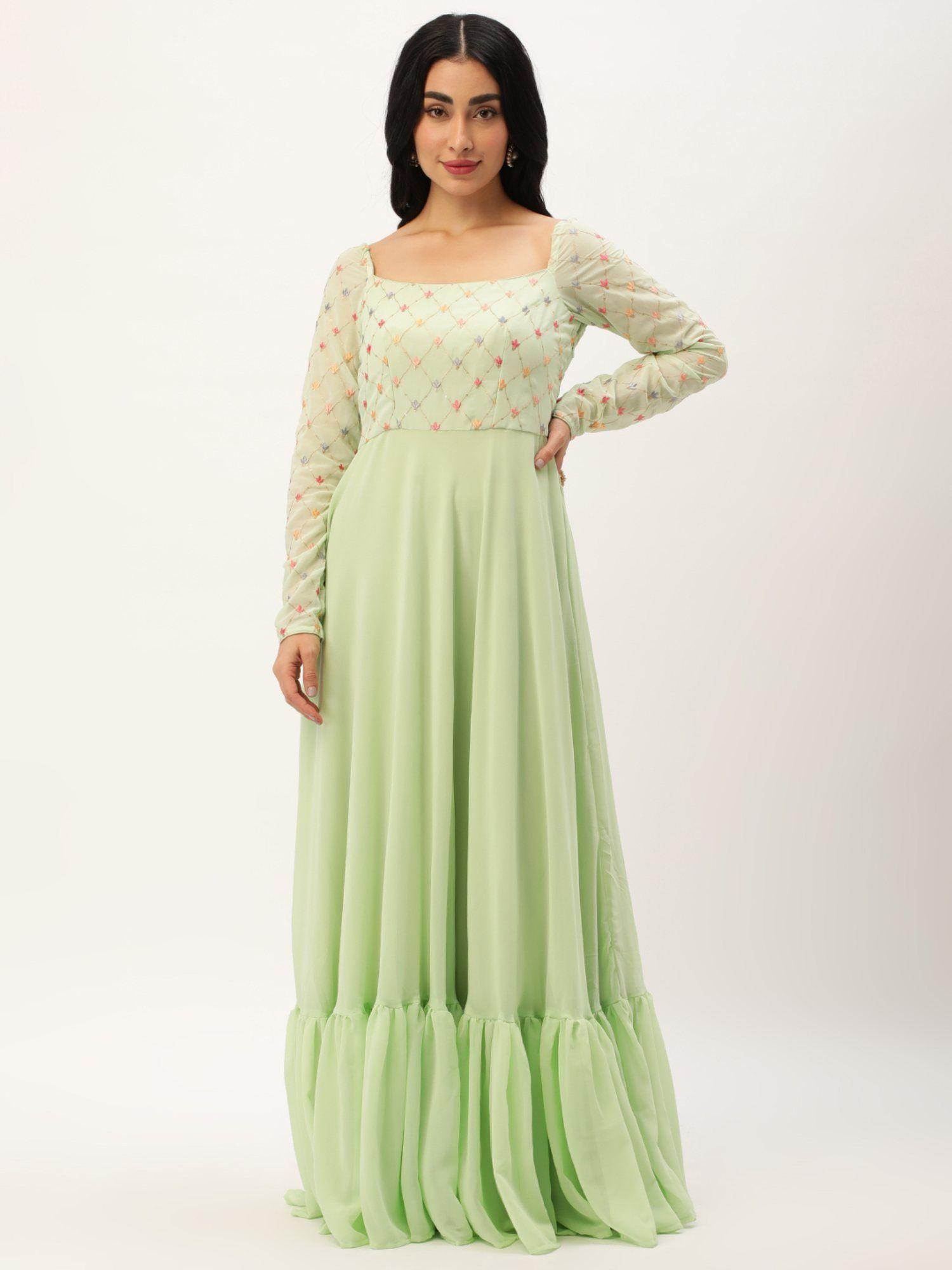 ready to wear green georgette embroidery gown