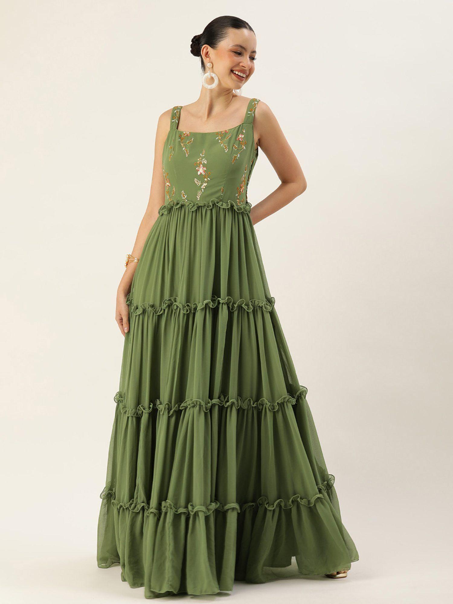 ready to wear green georgette sequins gown