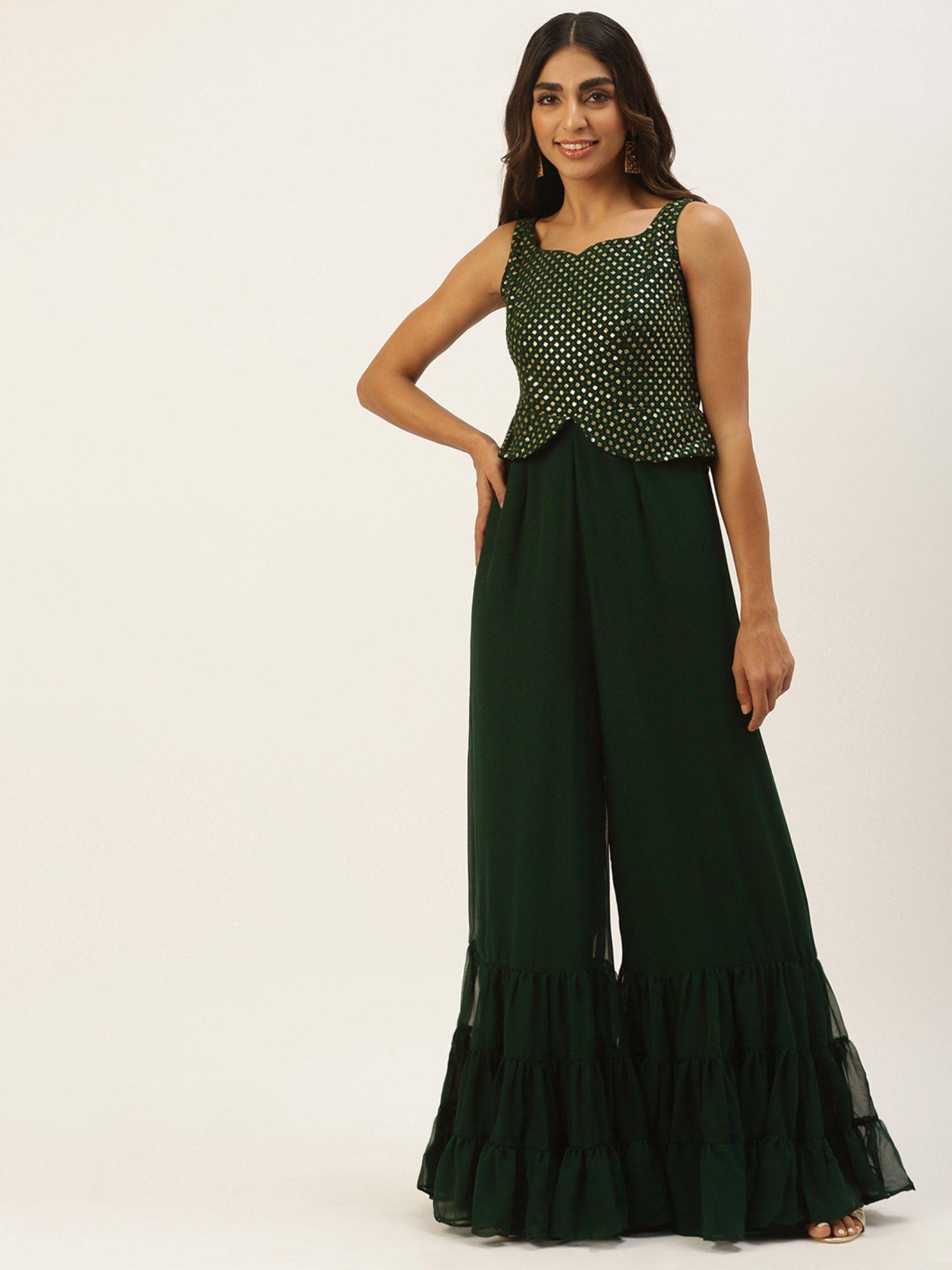 ready to wear green georgette sequins jumpsuit