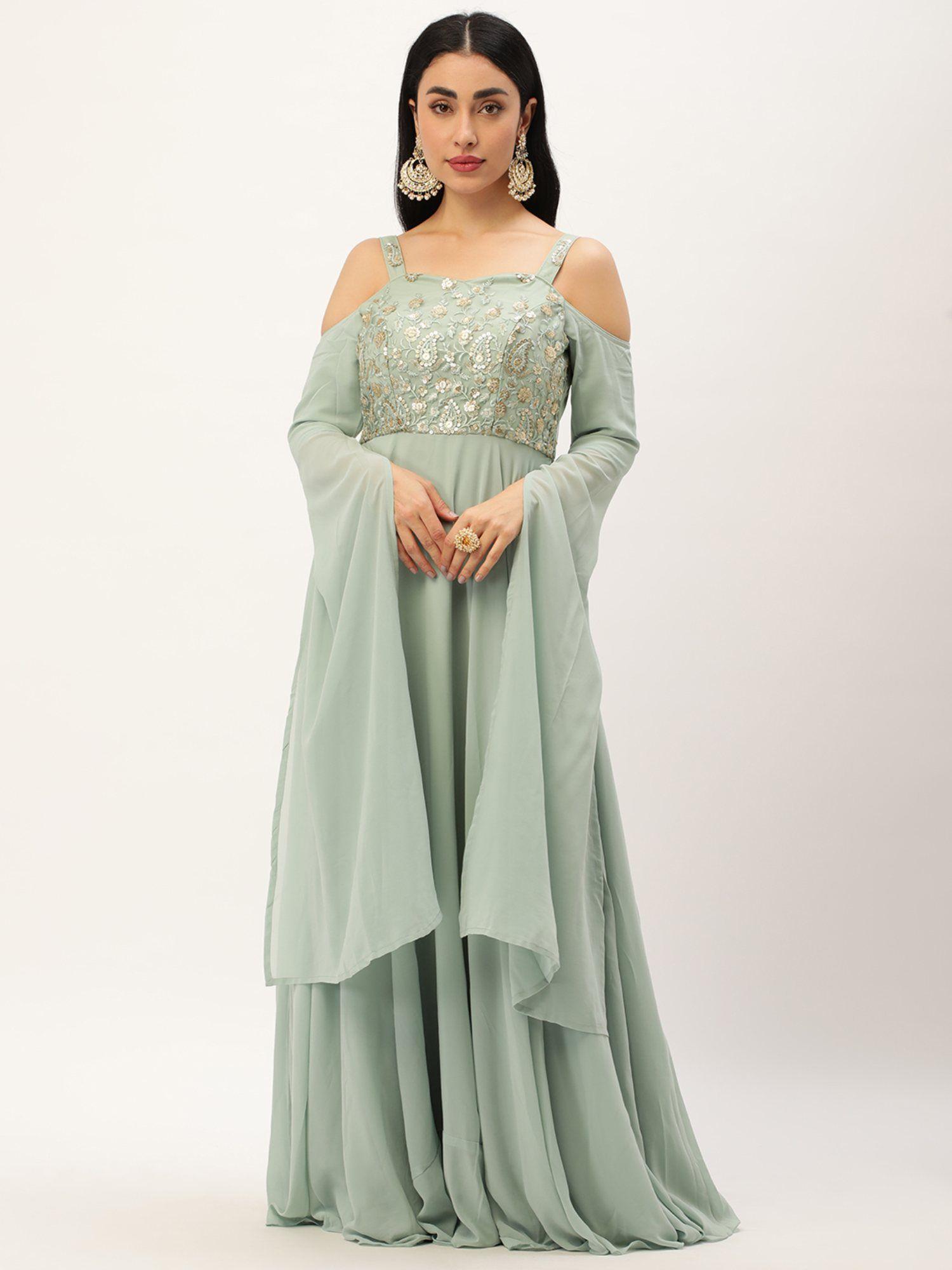 ready to wear green net embroidered cape style sleeve gown