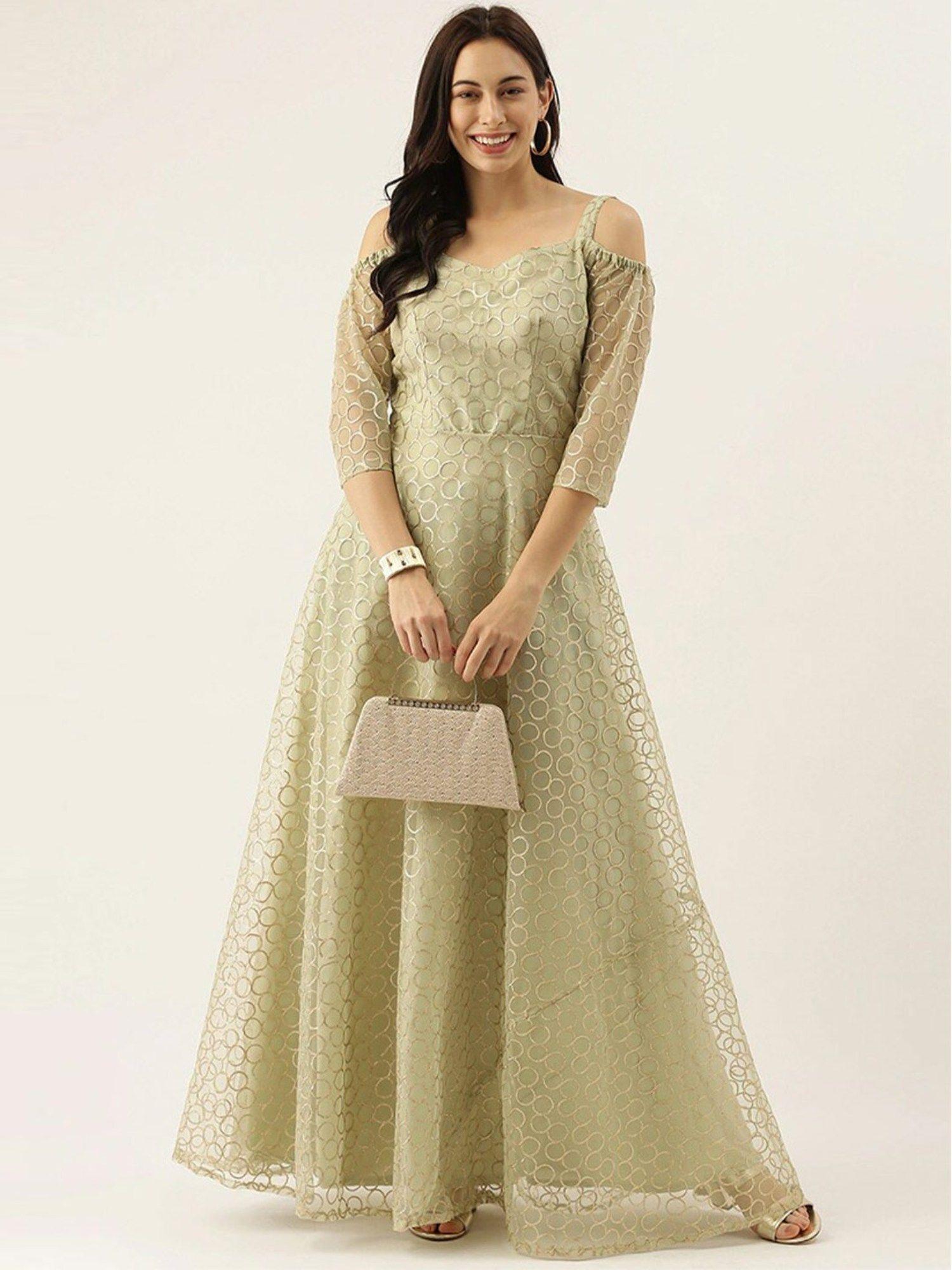 ready to wear green net embroidered strap neck gown