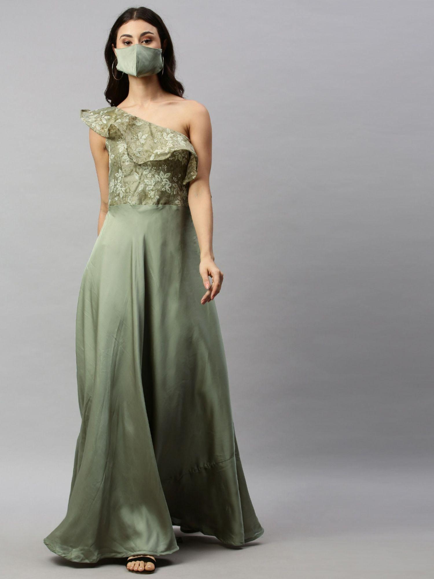 ready to wear green organza and modal one shoulder gown