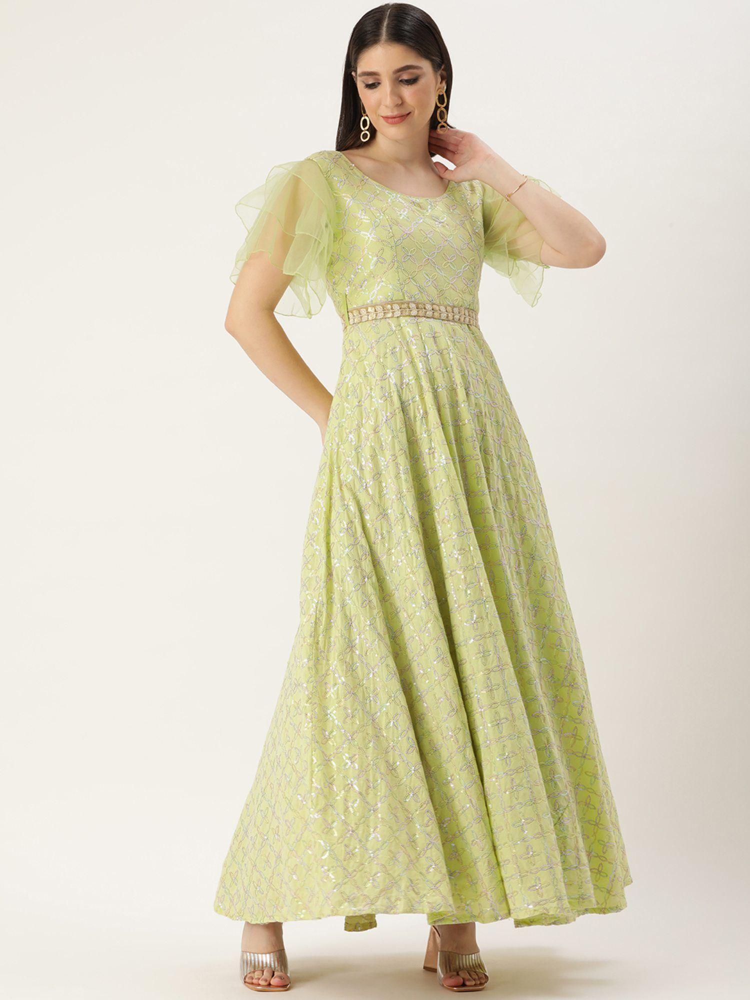 ready to wear green sequins embroidered gown (set of 2)