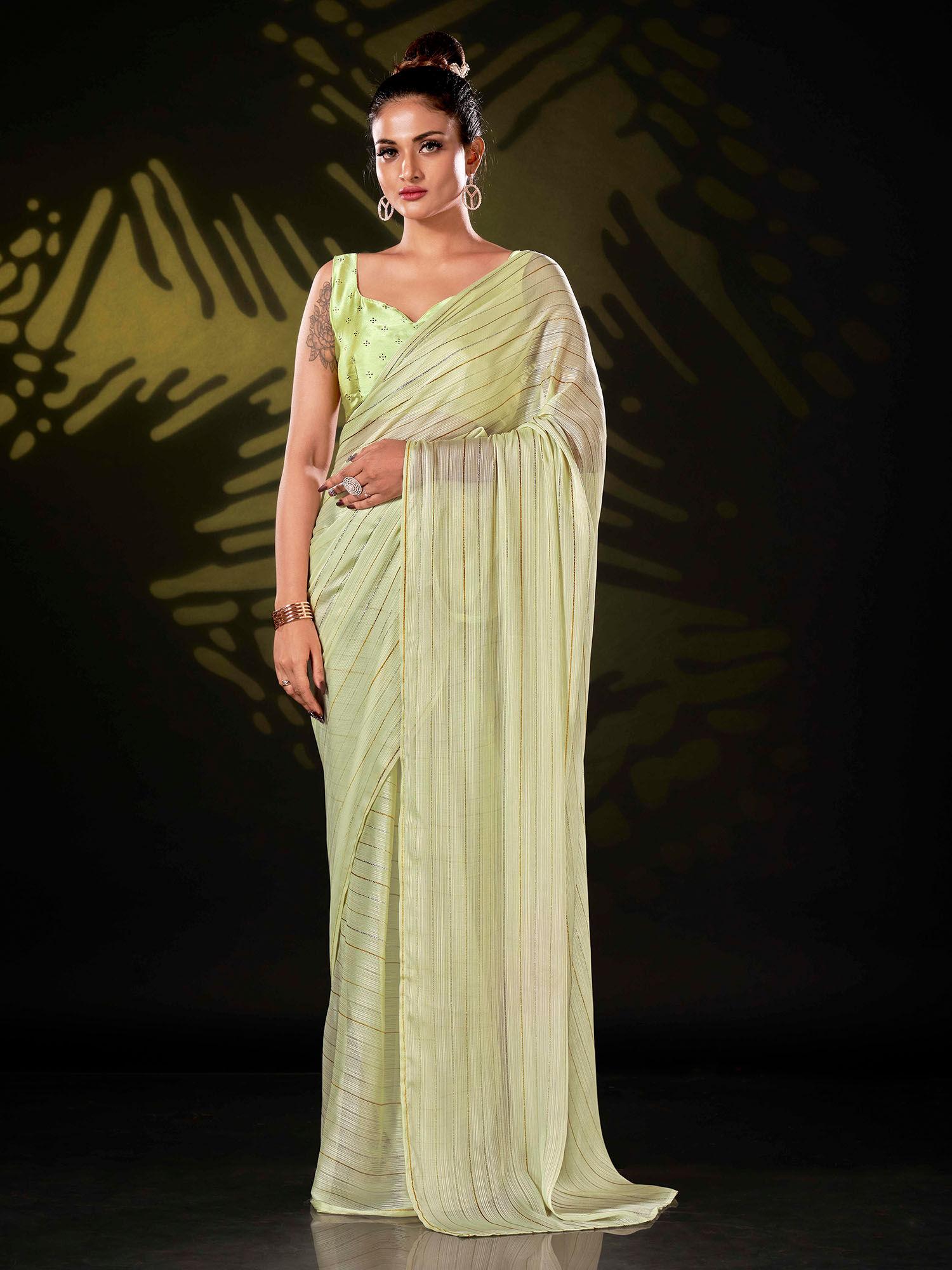 ready to wear green striped polyester saree with unstitched blouse