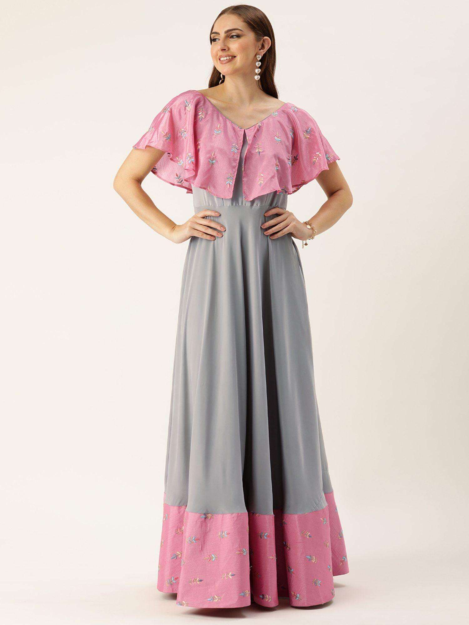 ready to wear grey art silk n pink chinon zero shoulder style gown