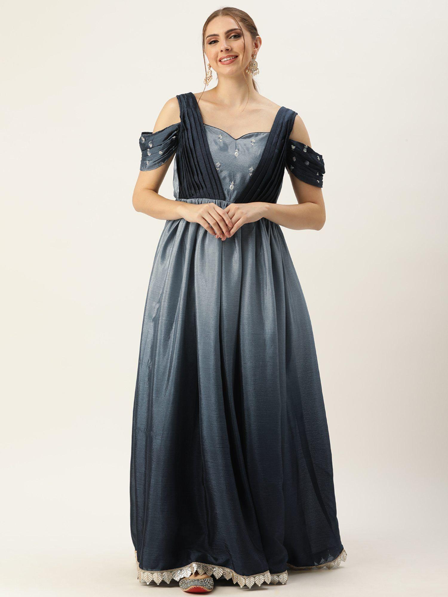 ready to wear grey chinon ombre n embroidered draped style gown