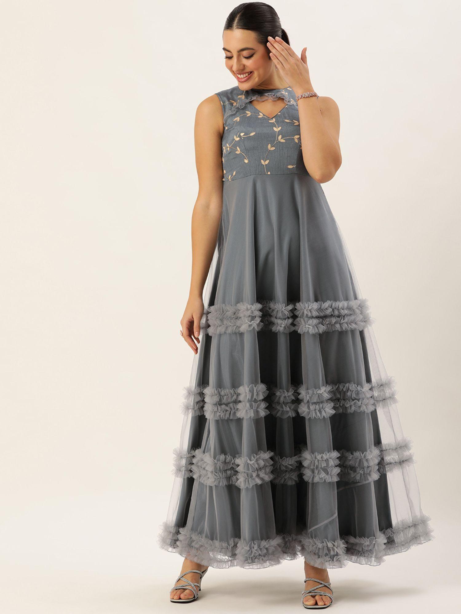 ready to wear grey embroidered chinon net gown