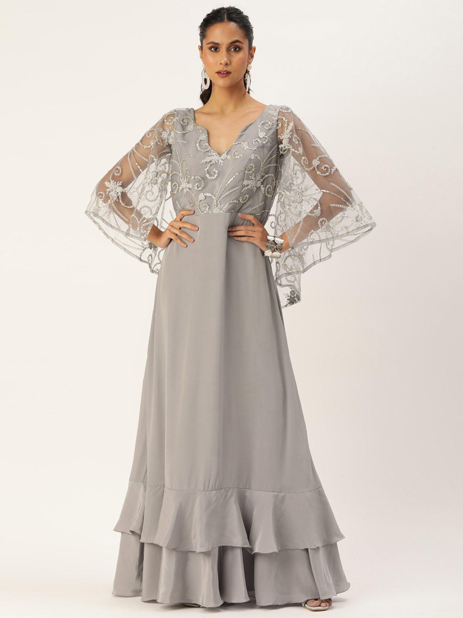 ready to wear grey net embroidered n french crepe gown