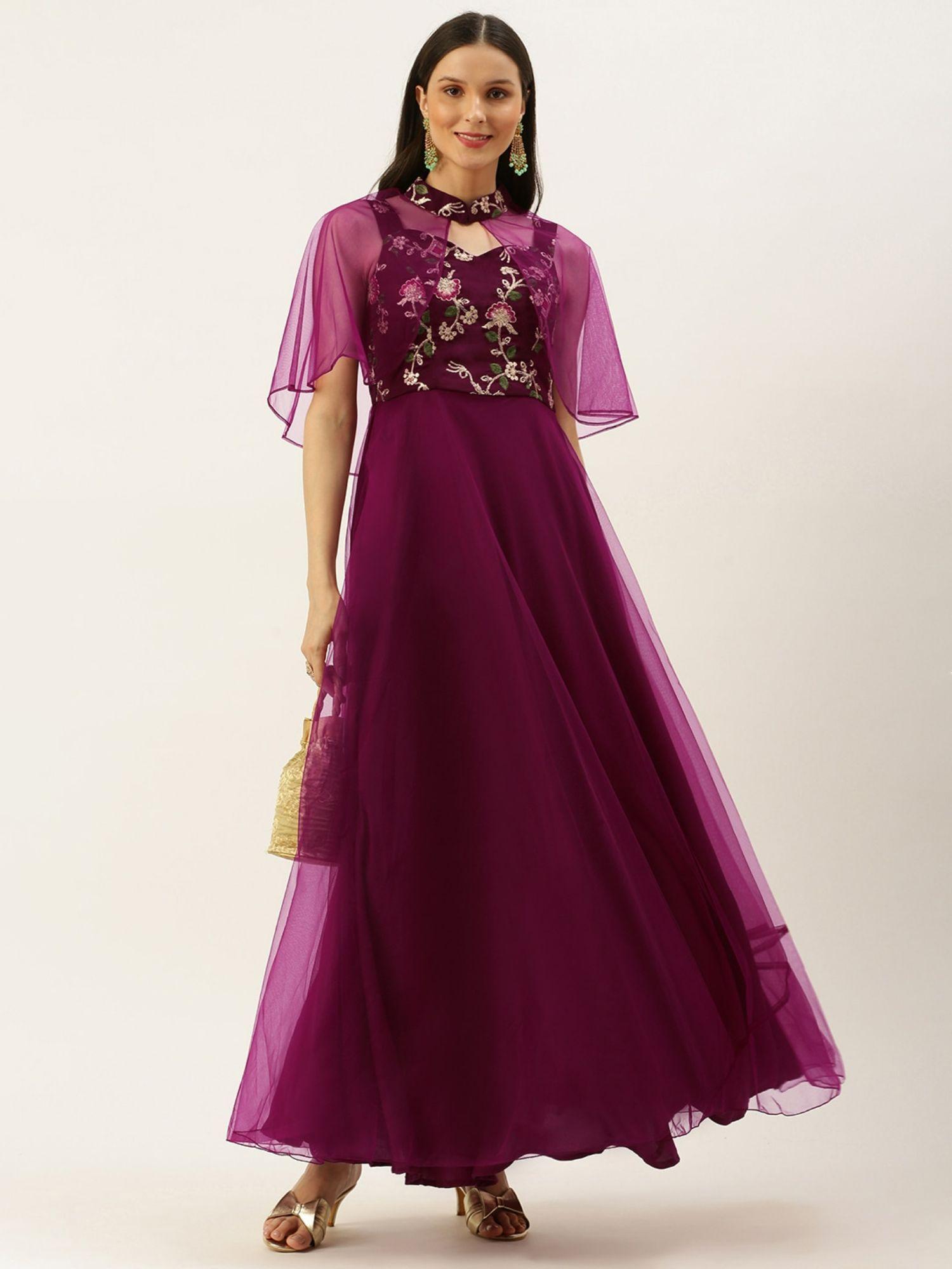 ready to wear magenta embroidered gown with cape (set of 2)