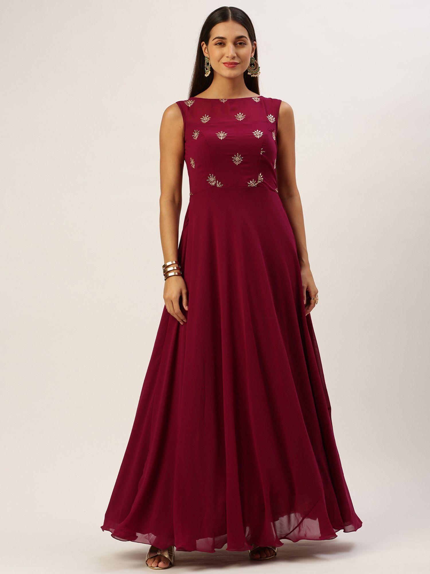 ready to wear magenta georgette embroidered boat neck gown