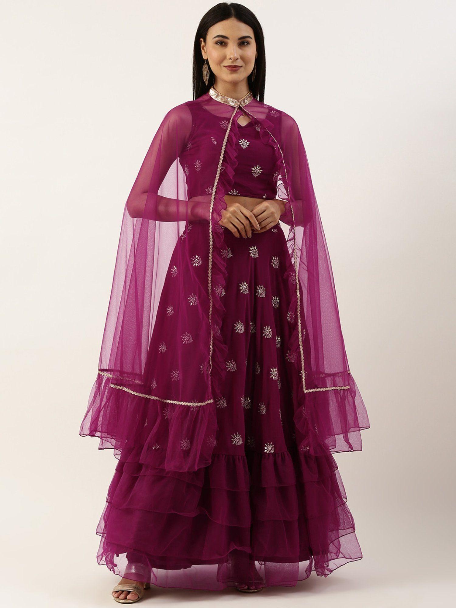 ready to wear magenta georgette embroidered lehenga set n cape (set of 3)