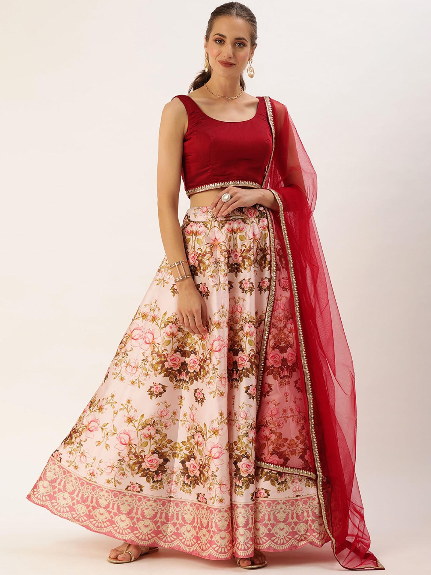 ready to wear maroon and pink printed kali lehenga (set of 3)