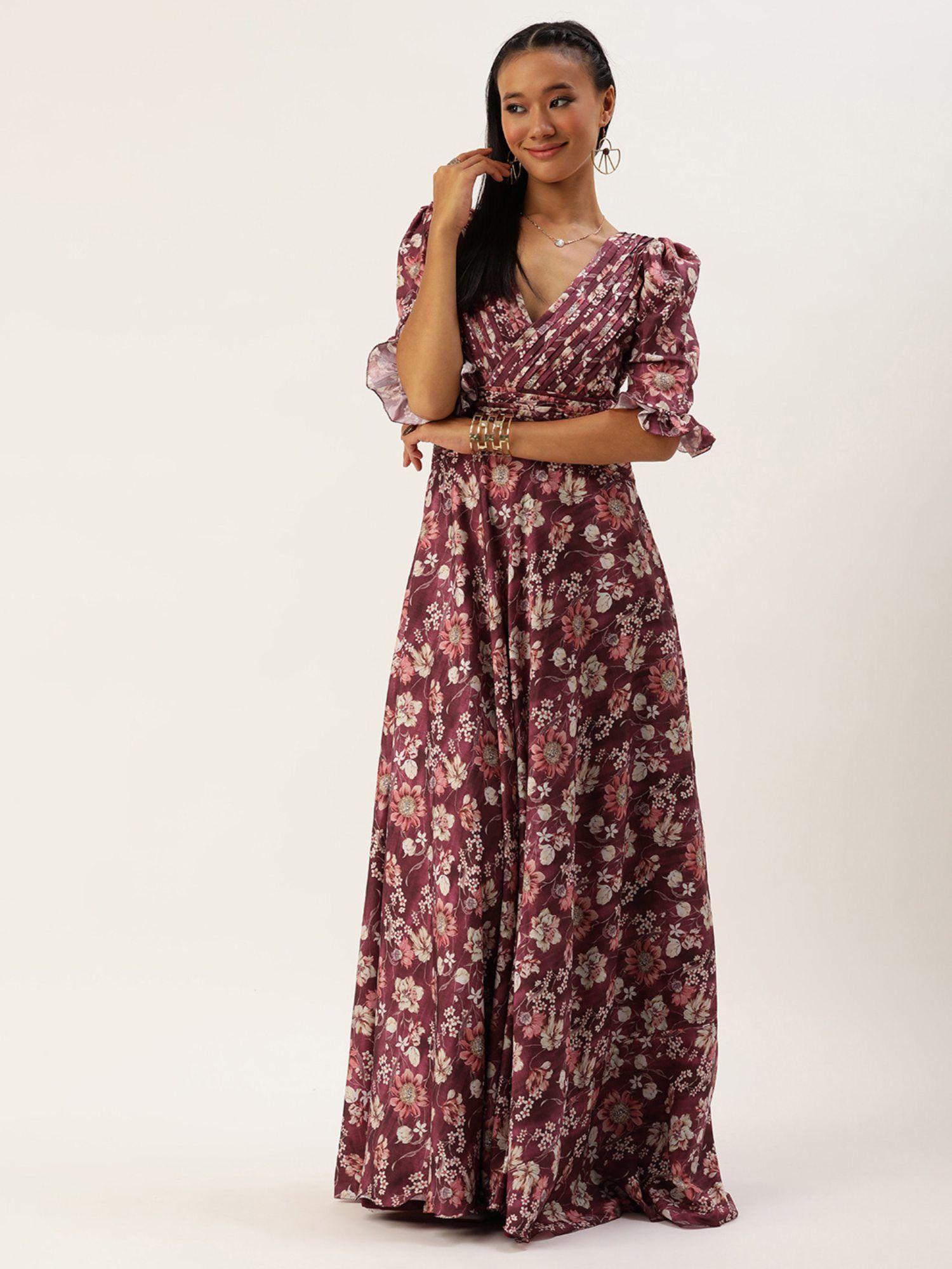 ready to wear maroon art silk printed gown