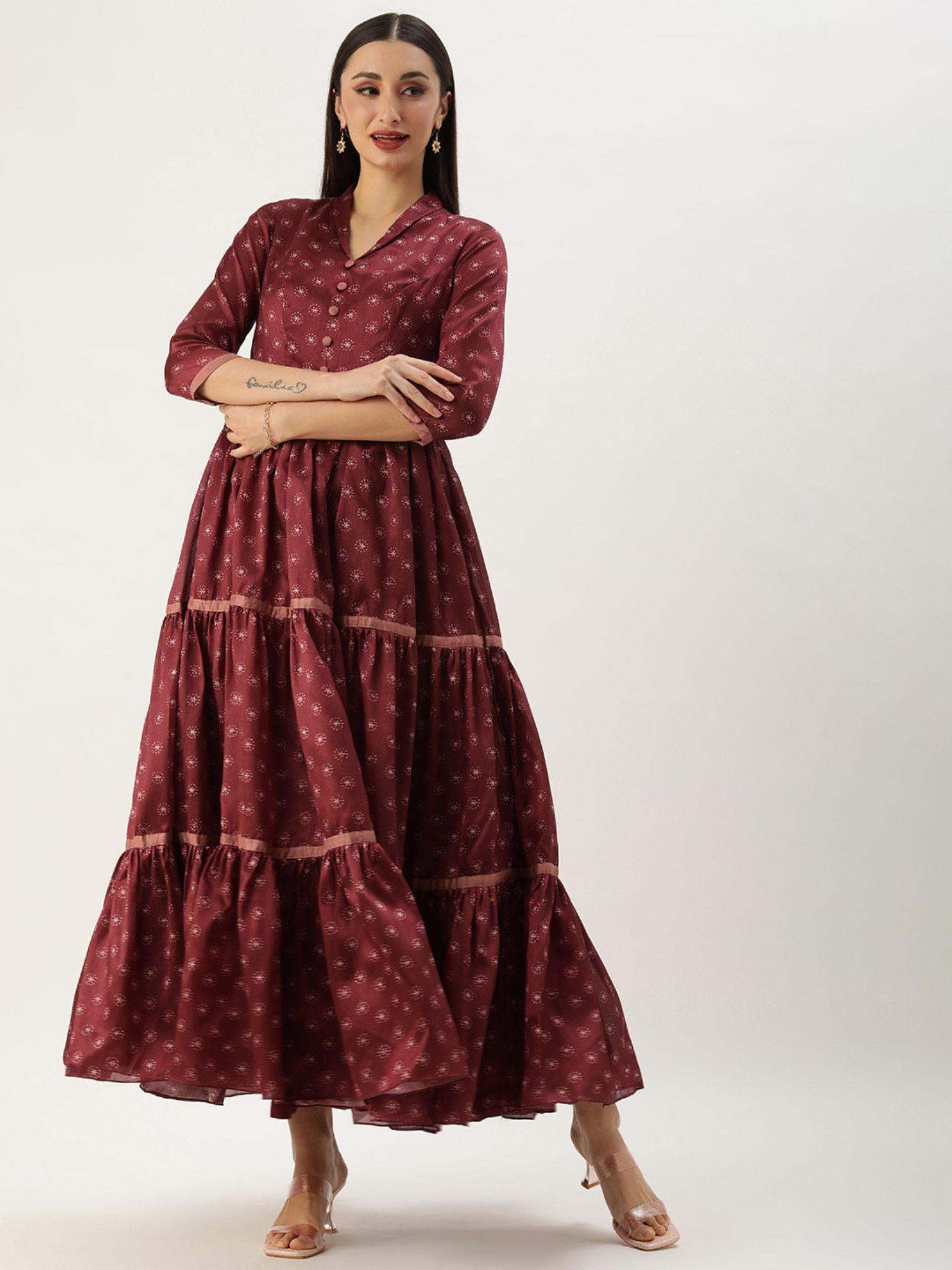 ready to wear maroon art silk printed tiered gathered style gown