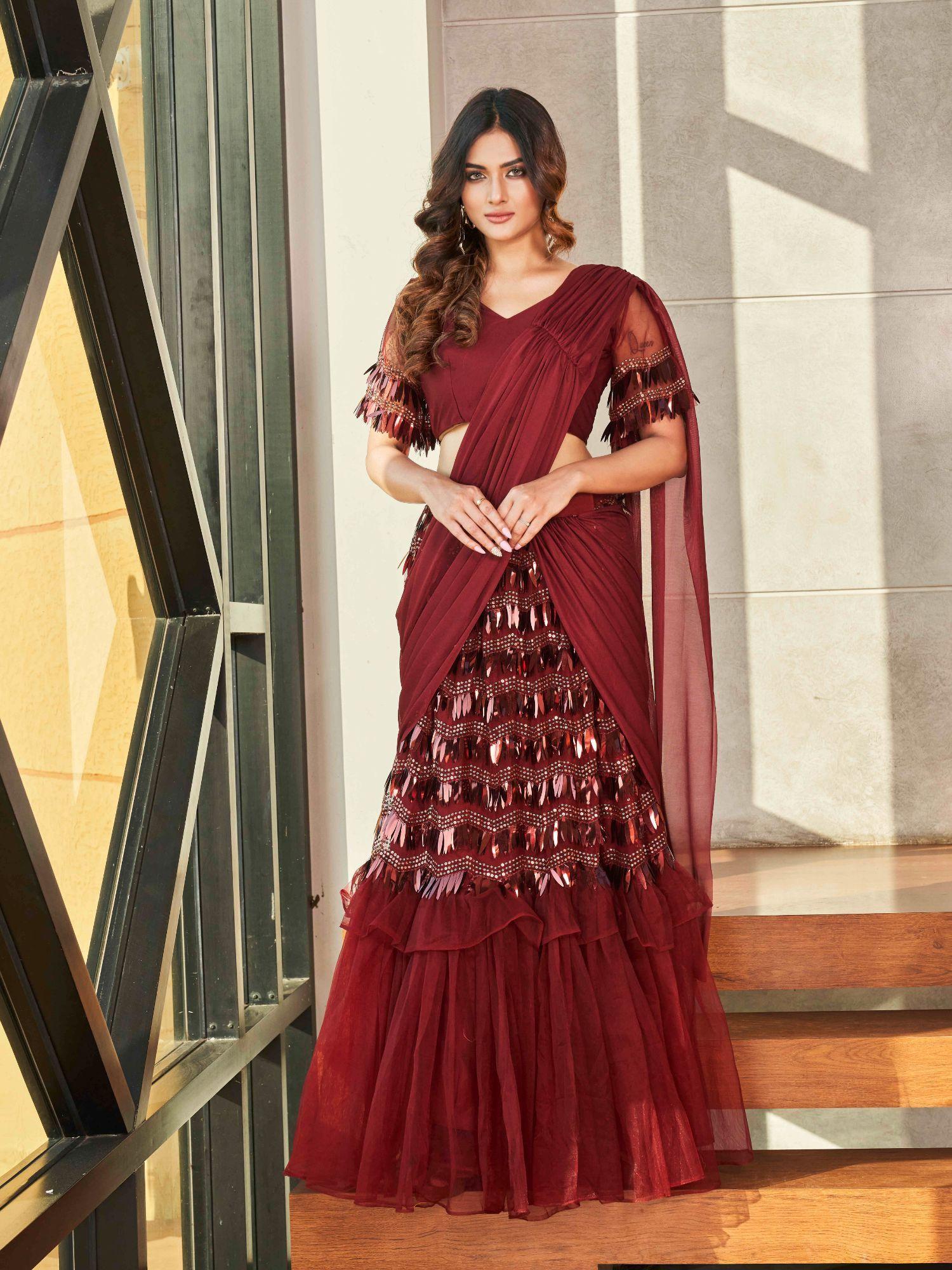 ready to wear maroon crepe and net sequins embellished saree with unstitched blouse