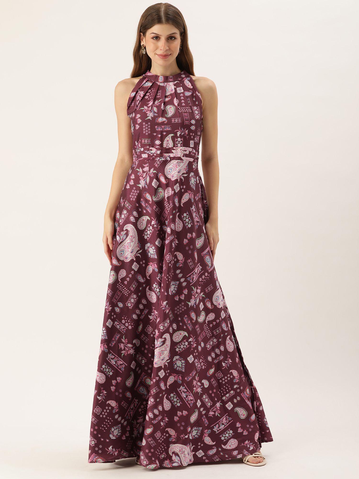 ready to wear maroon digital printed chinon gown