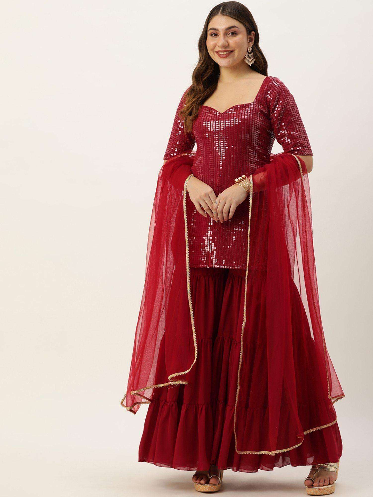 ready to wear maroon embroidered georgette sharara suit (set of 3)