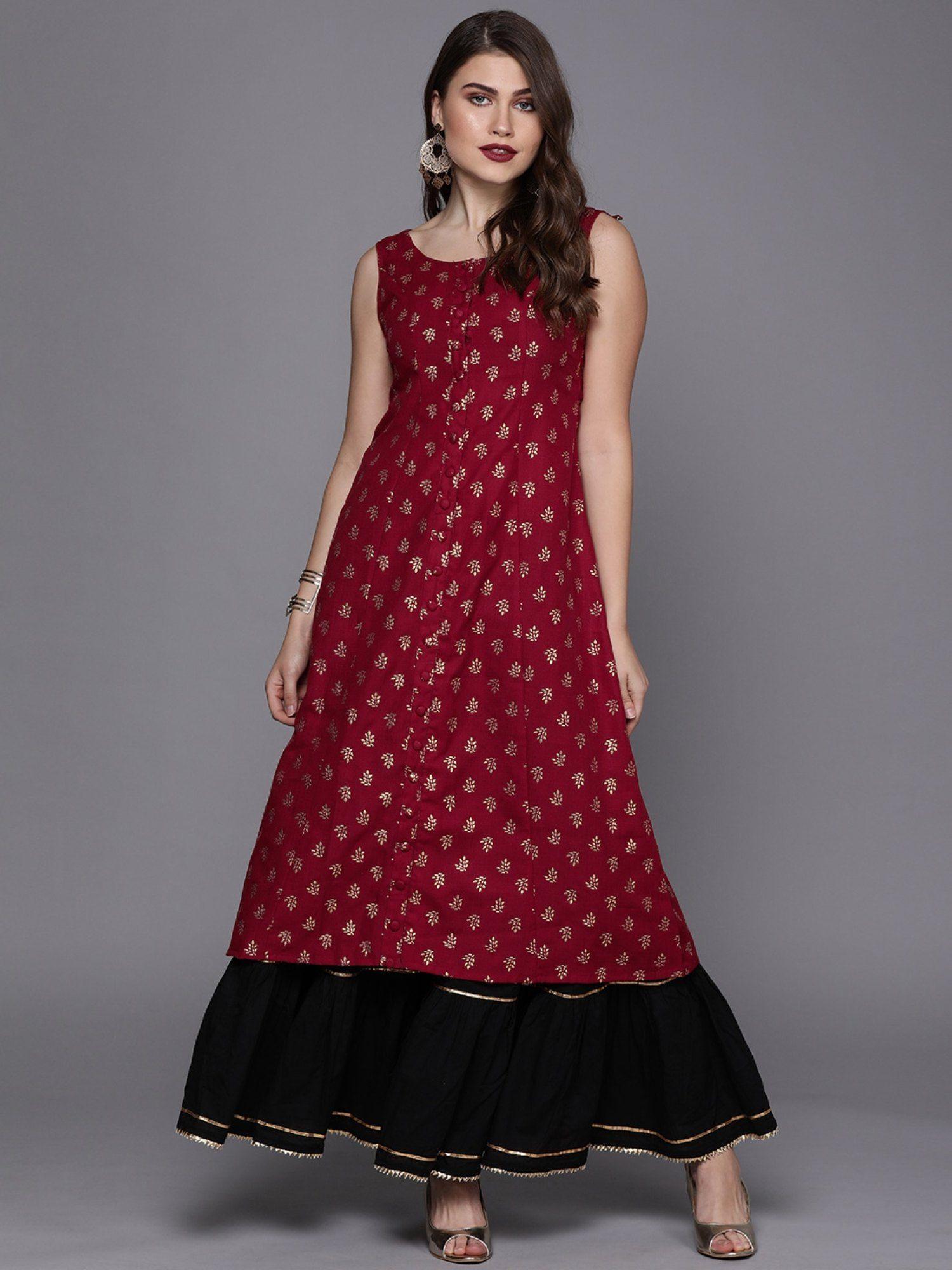 ready to wear maroon foil print princess cut kurta