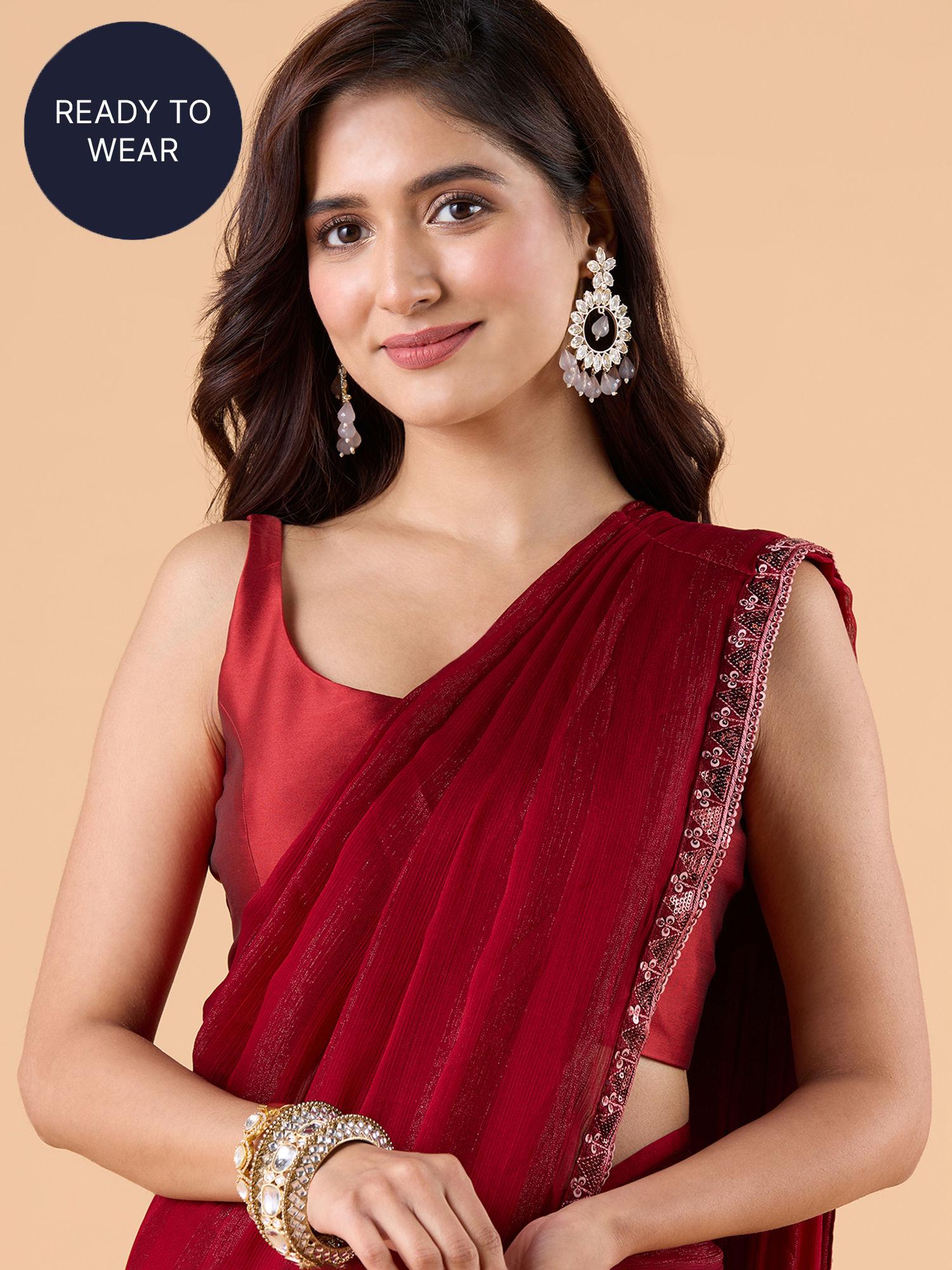 ready to wear maroon georgette embroidered party saree and unstitched blouse