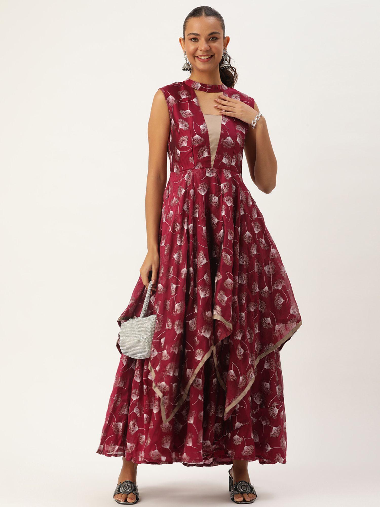 ready to wear maroon satin blend foil printed maxi dress