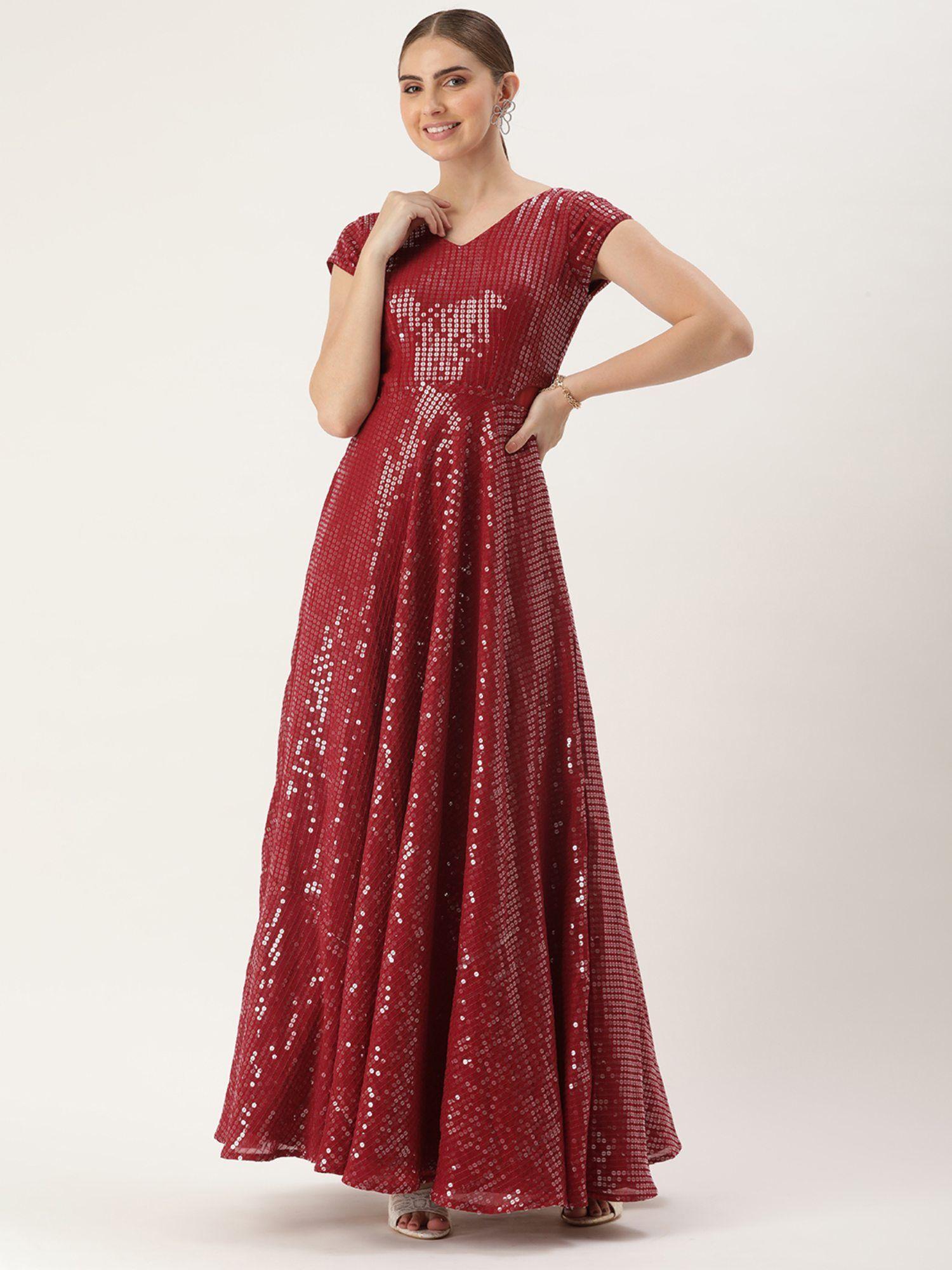 ready to wear maroon sequins embroidered georgette gown