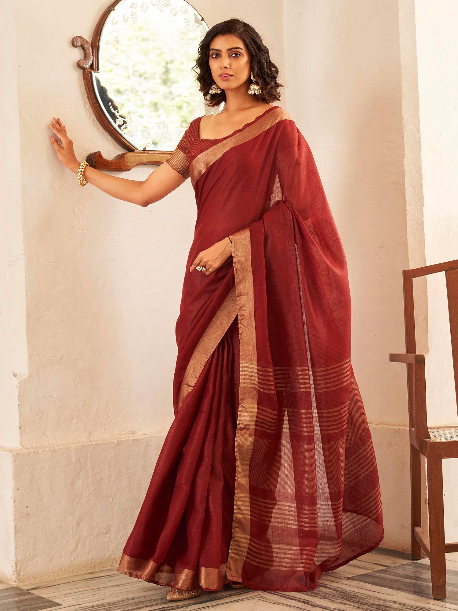 ready to wear maroon woven design polycotton saree with unstitched blouse