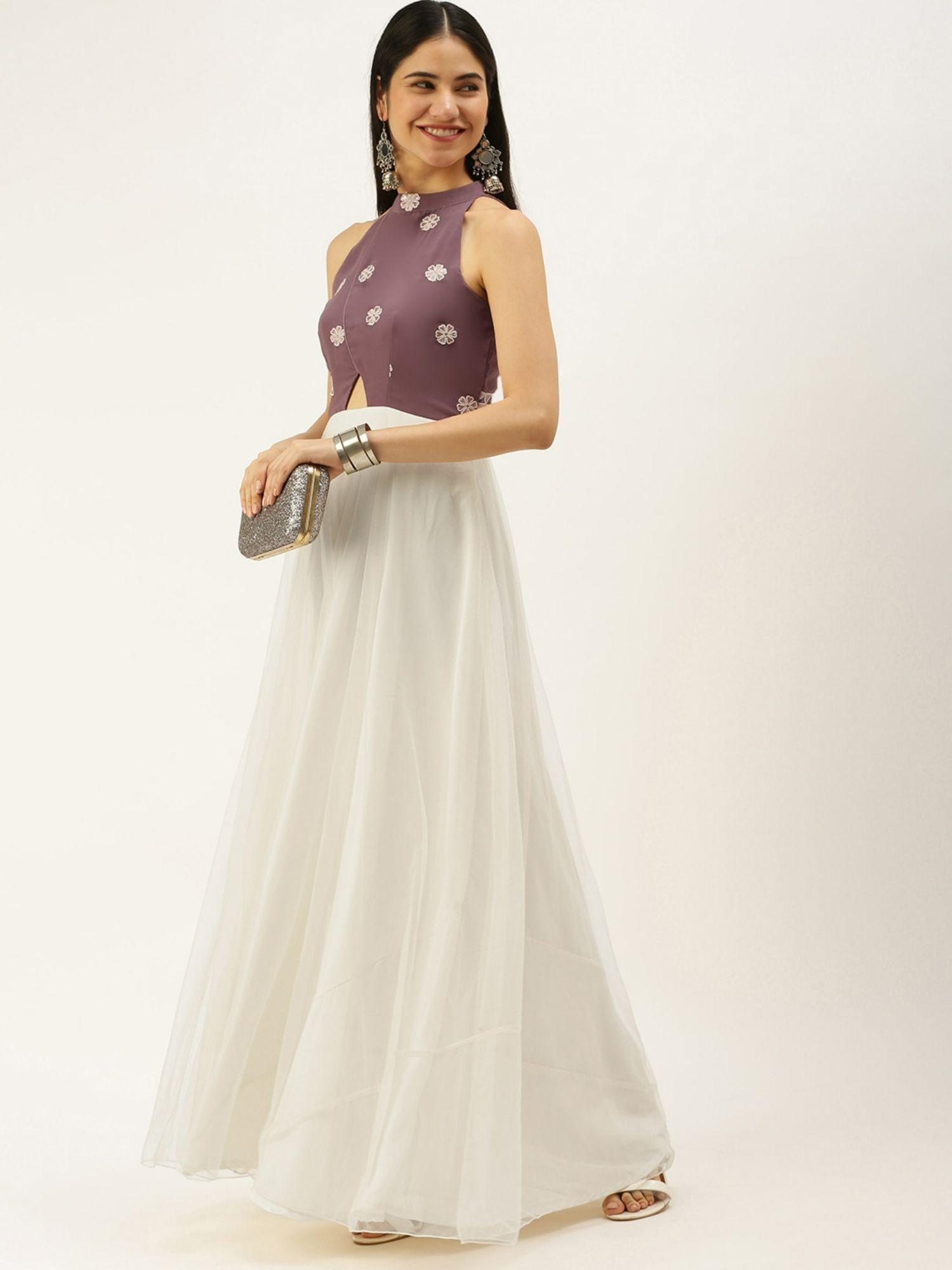 ready to wear mauve and off white embroidered gown