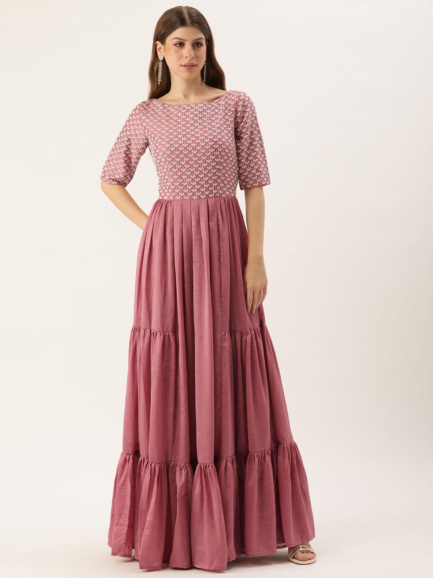 ready to wear mauve embroidered art silk tiered gown