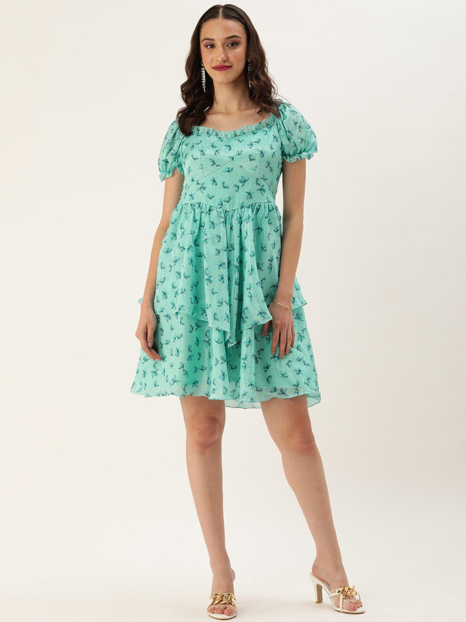 ready to wear mint blue chinon digital printed dress