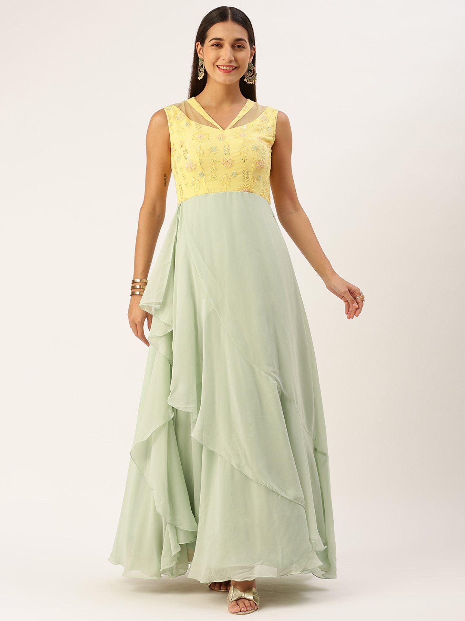 ready to wear mint green and yellow georgette embroidered gown